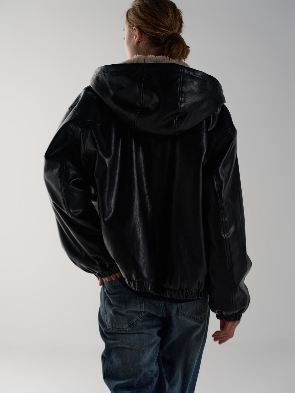 Leather Fur Zip Hoodie_black