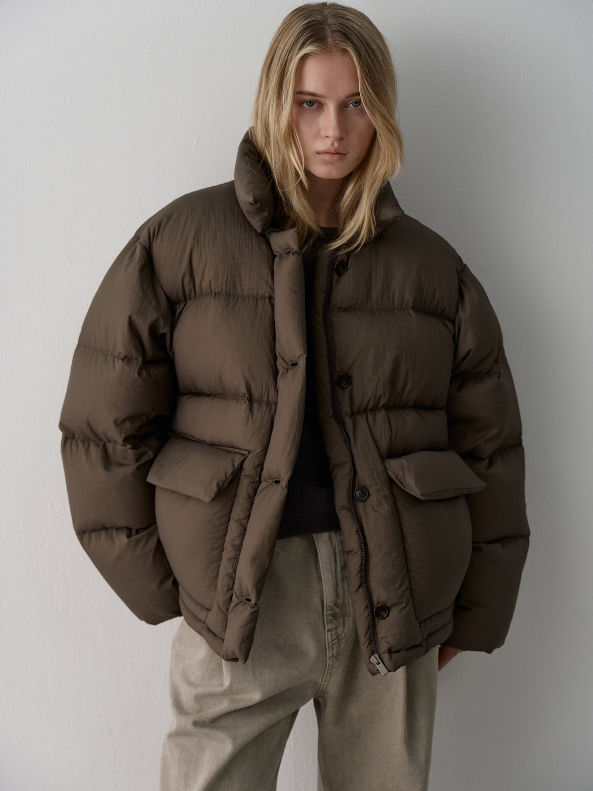 Goose down button puffer_brown