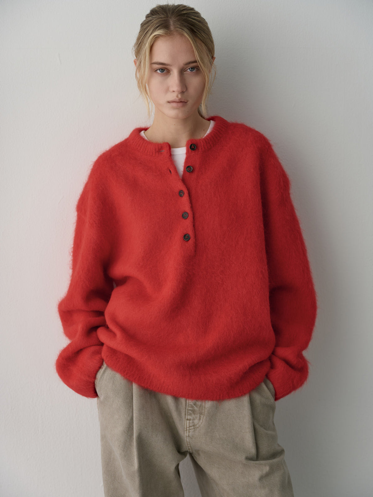Alpaca Henley Neck Sweater_red