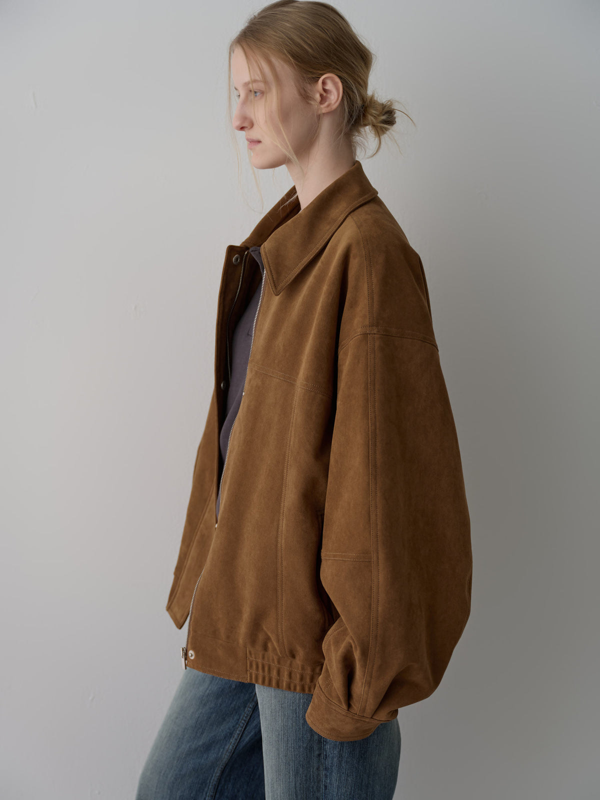 Oversized Fit Stitched Suede Blouson_camel