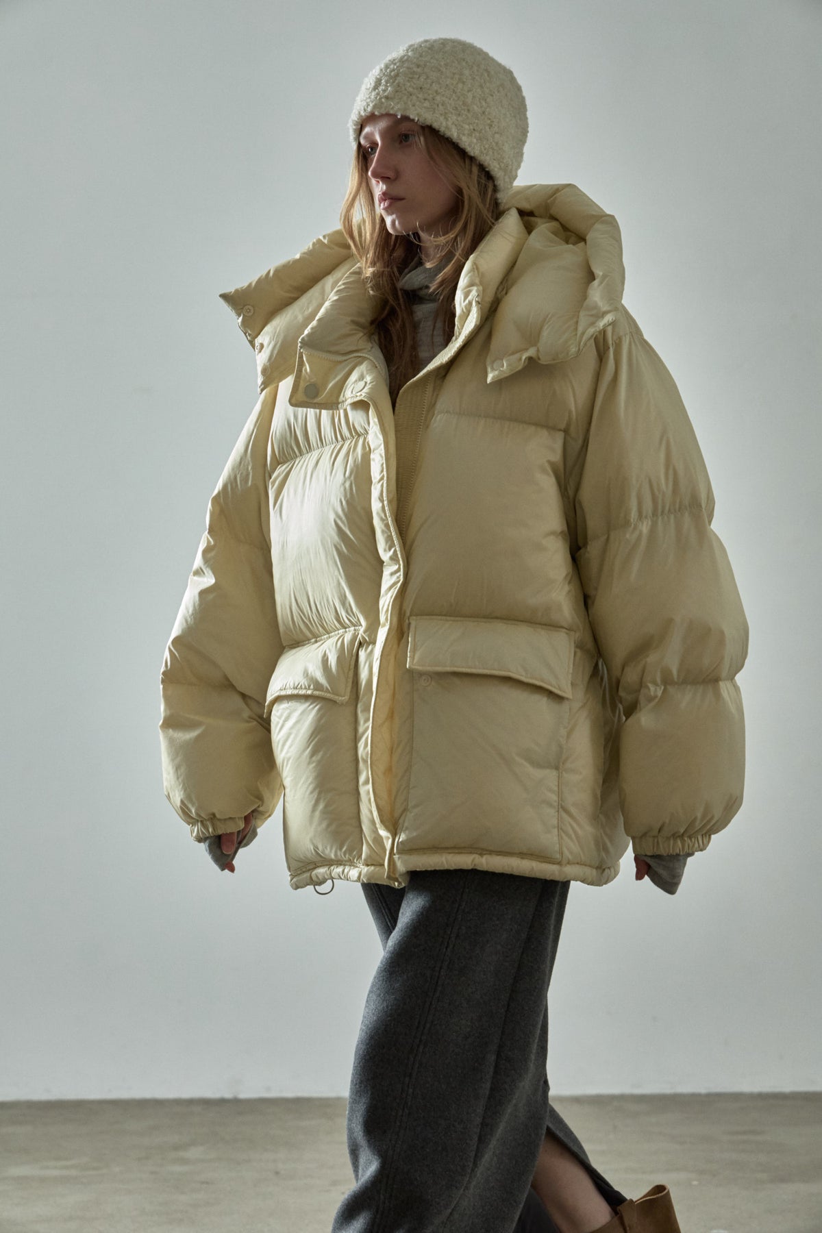 Goose Down Half Padded Coat_butter