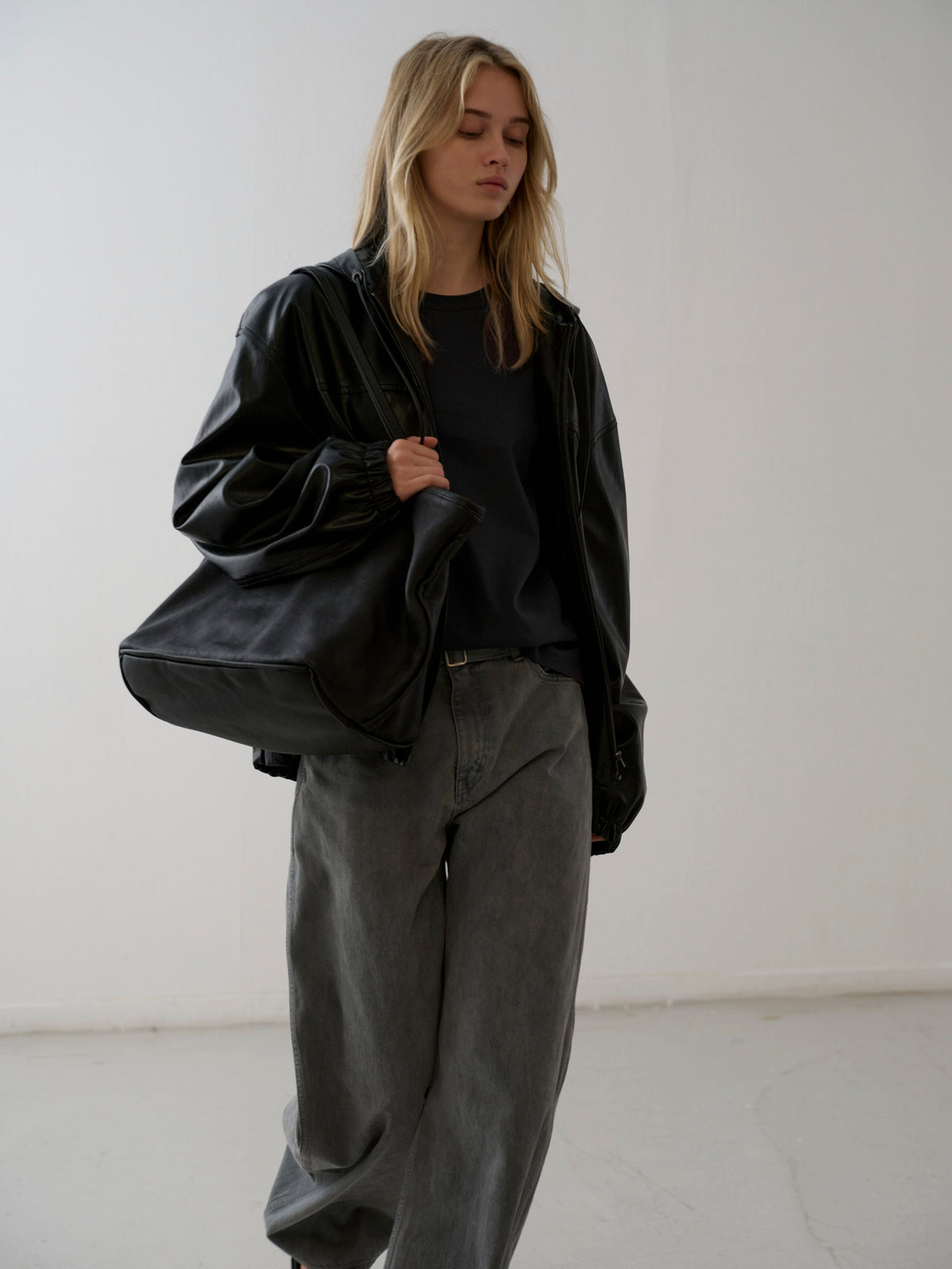 Leather Zip-Up Hoodie_black