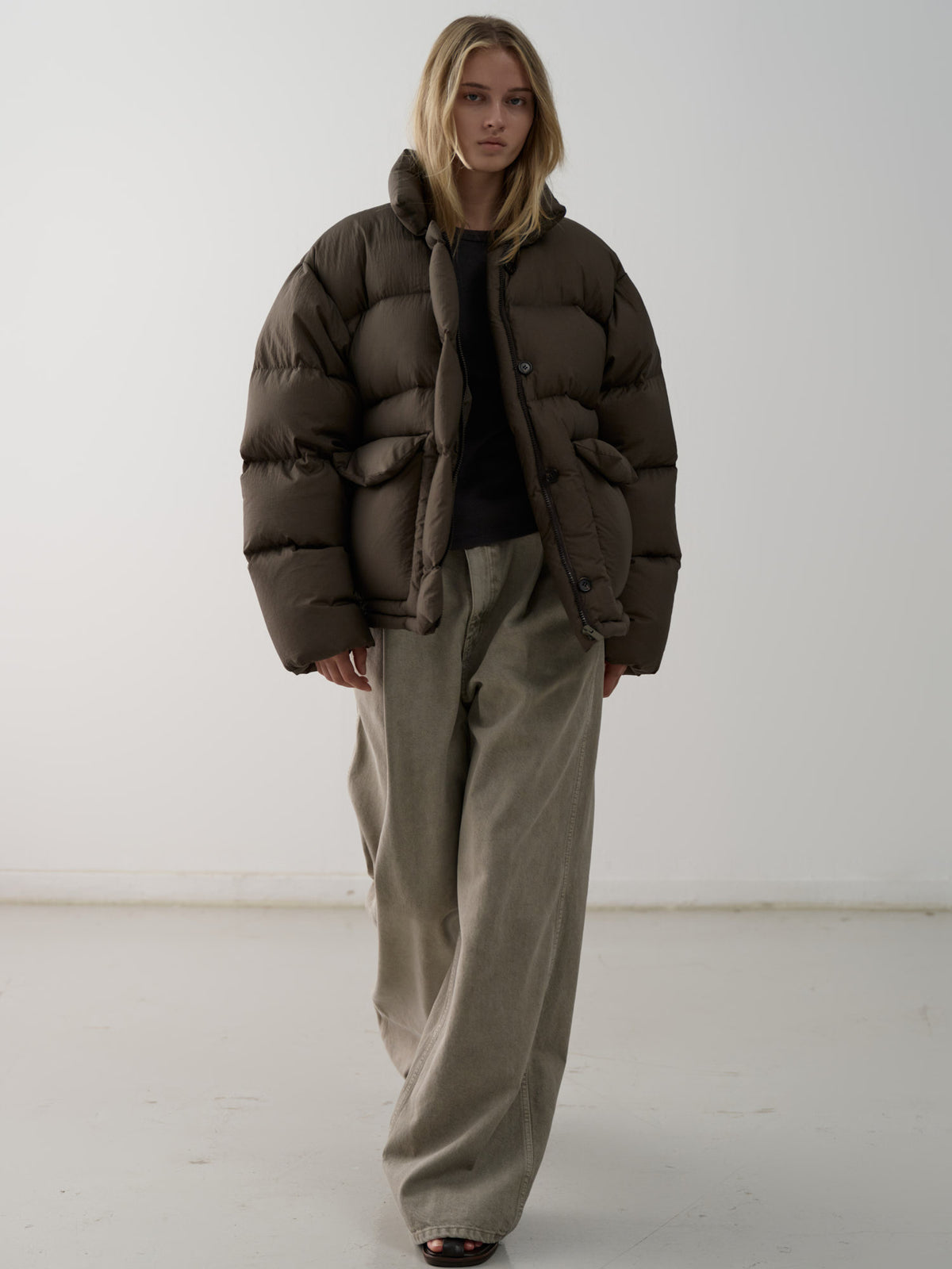 Goose down button puffer_brown