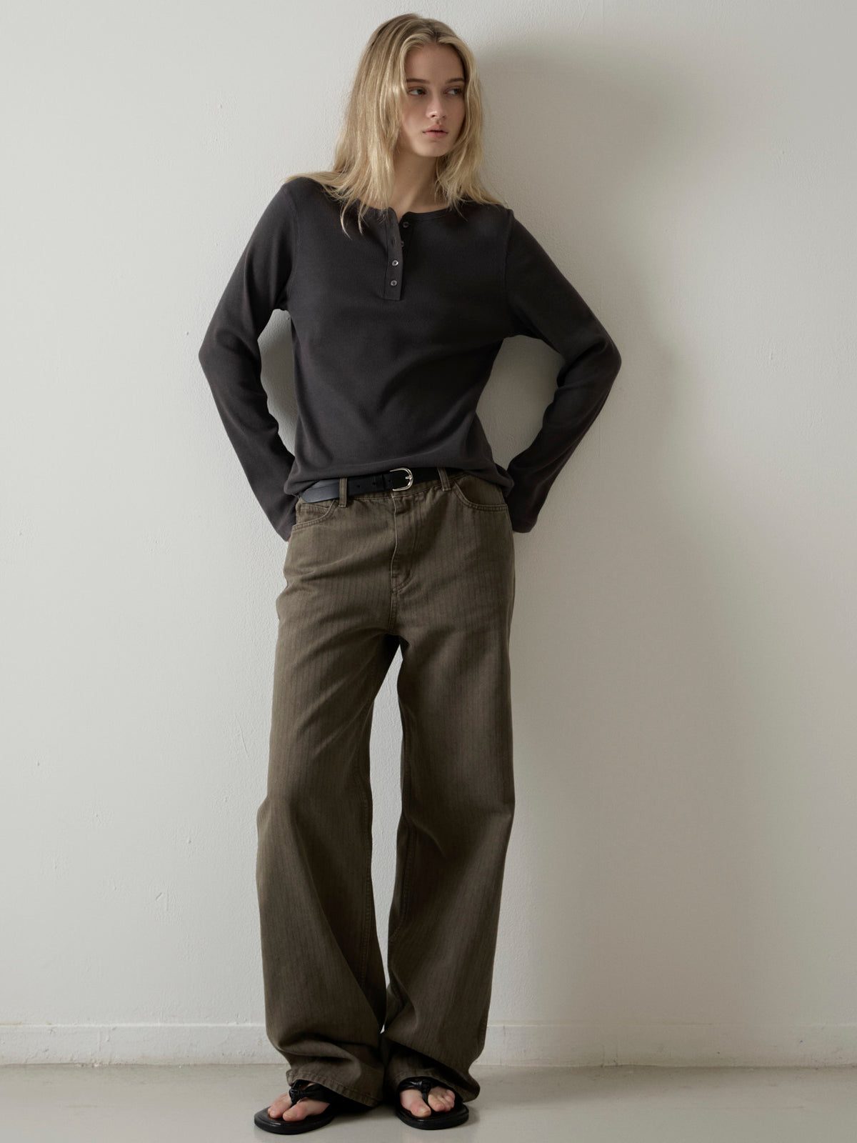 Striped Straight Denim_khaki