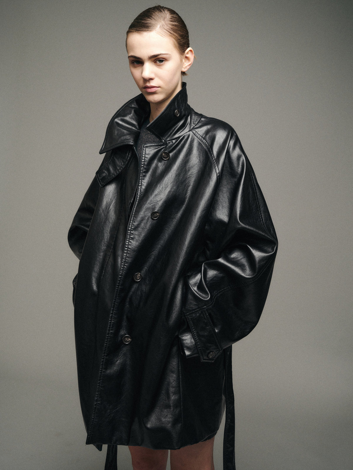 Leather Belted Half Coat_Black