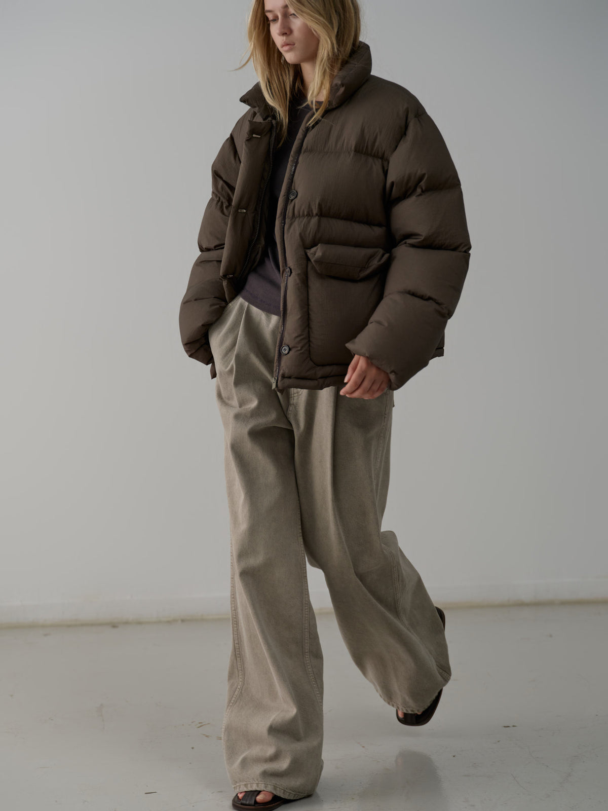 Goose down button puffer_brown