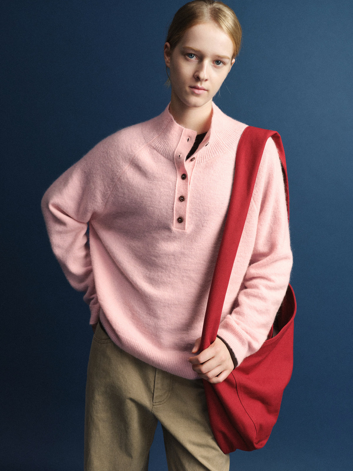 High-neck button knit_pink