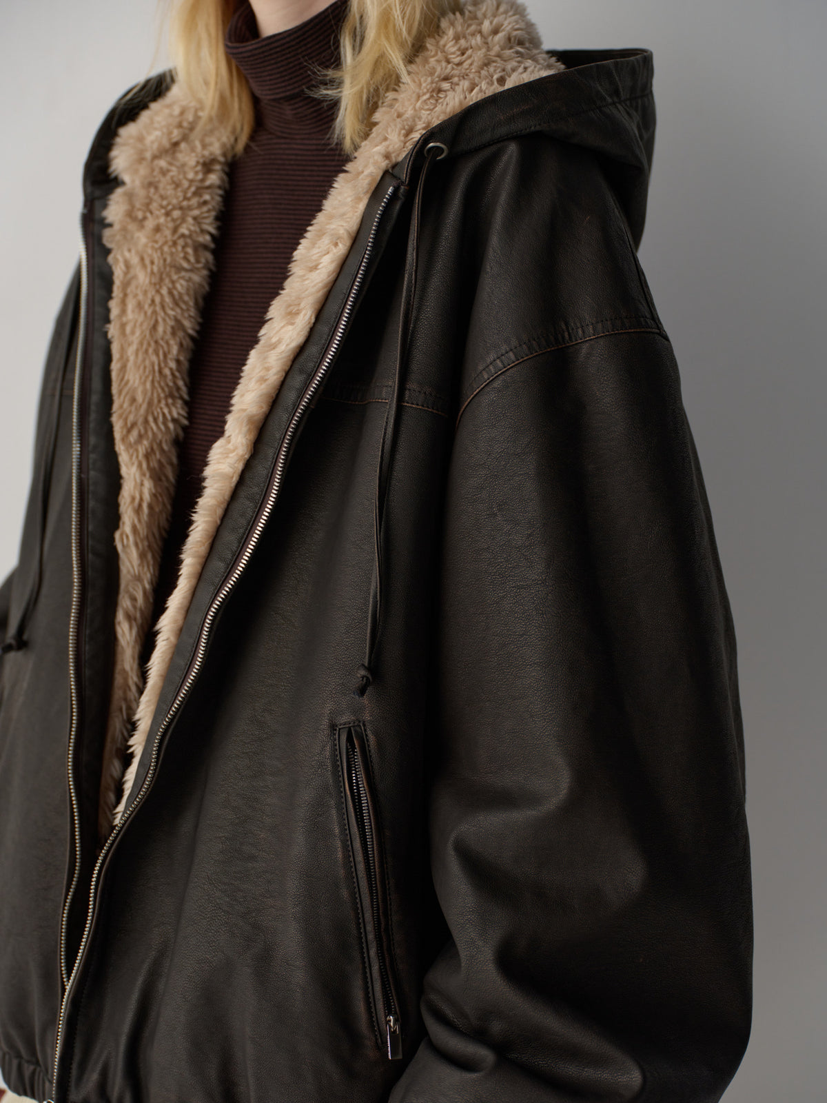 Leather Fur Zip Hoodie_dark brown