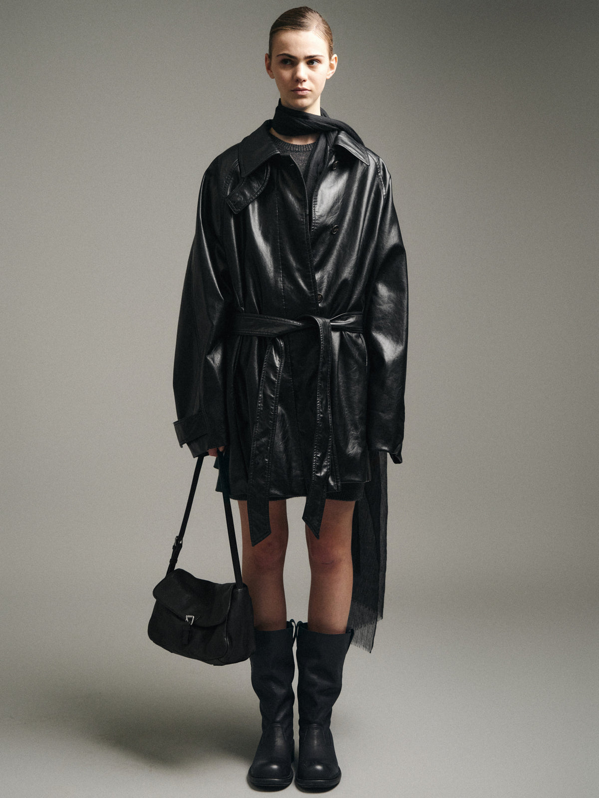 Leather Belted Half Coat_Black
