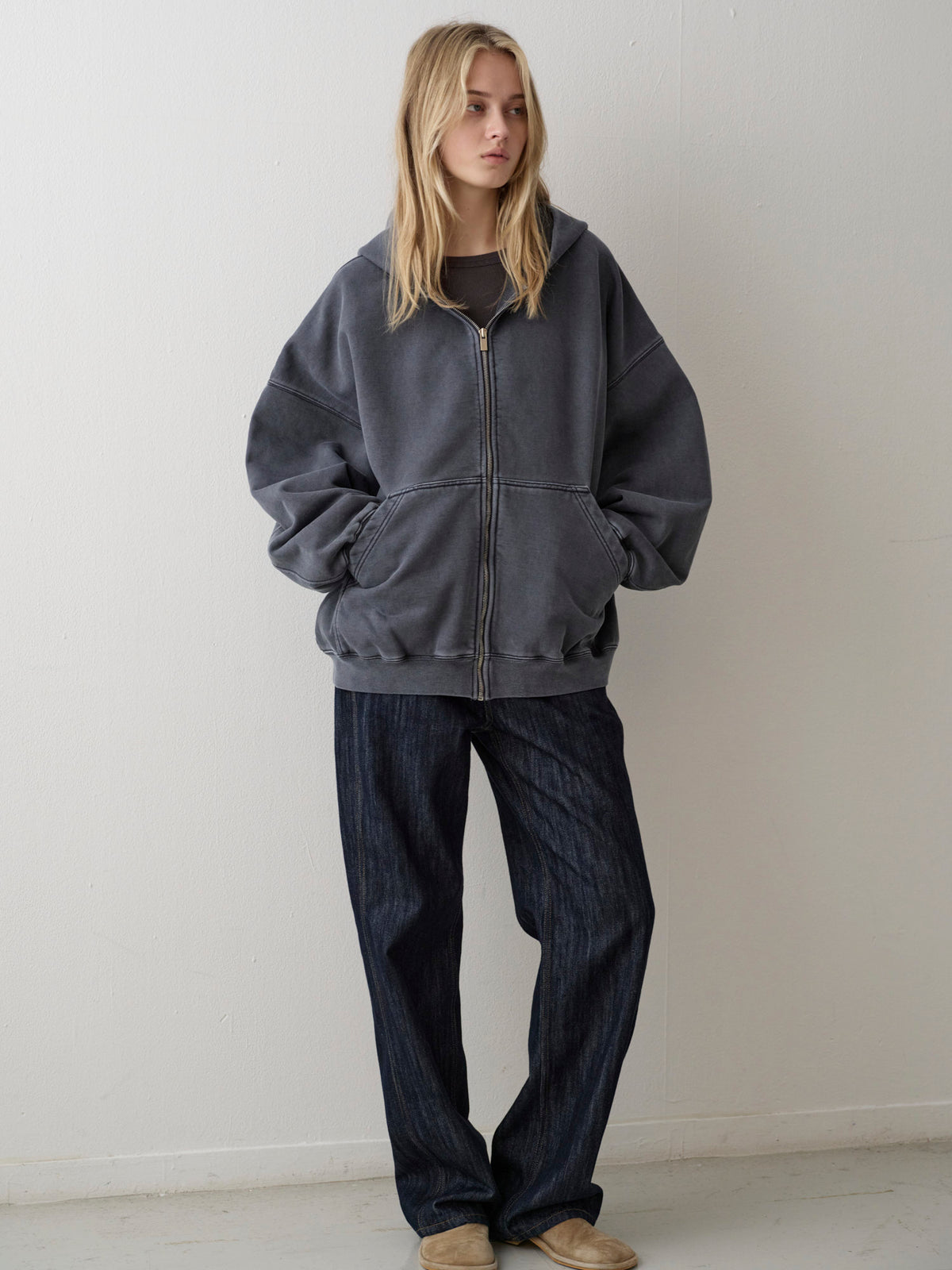 Oversized Fit Pigment Zip-Up Hoodie_blue grey