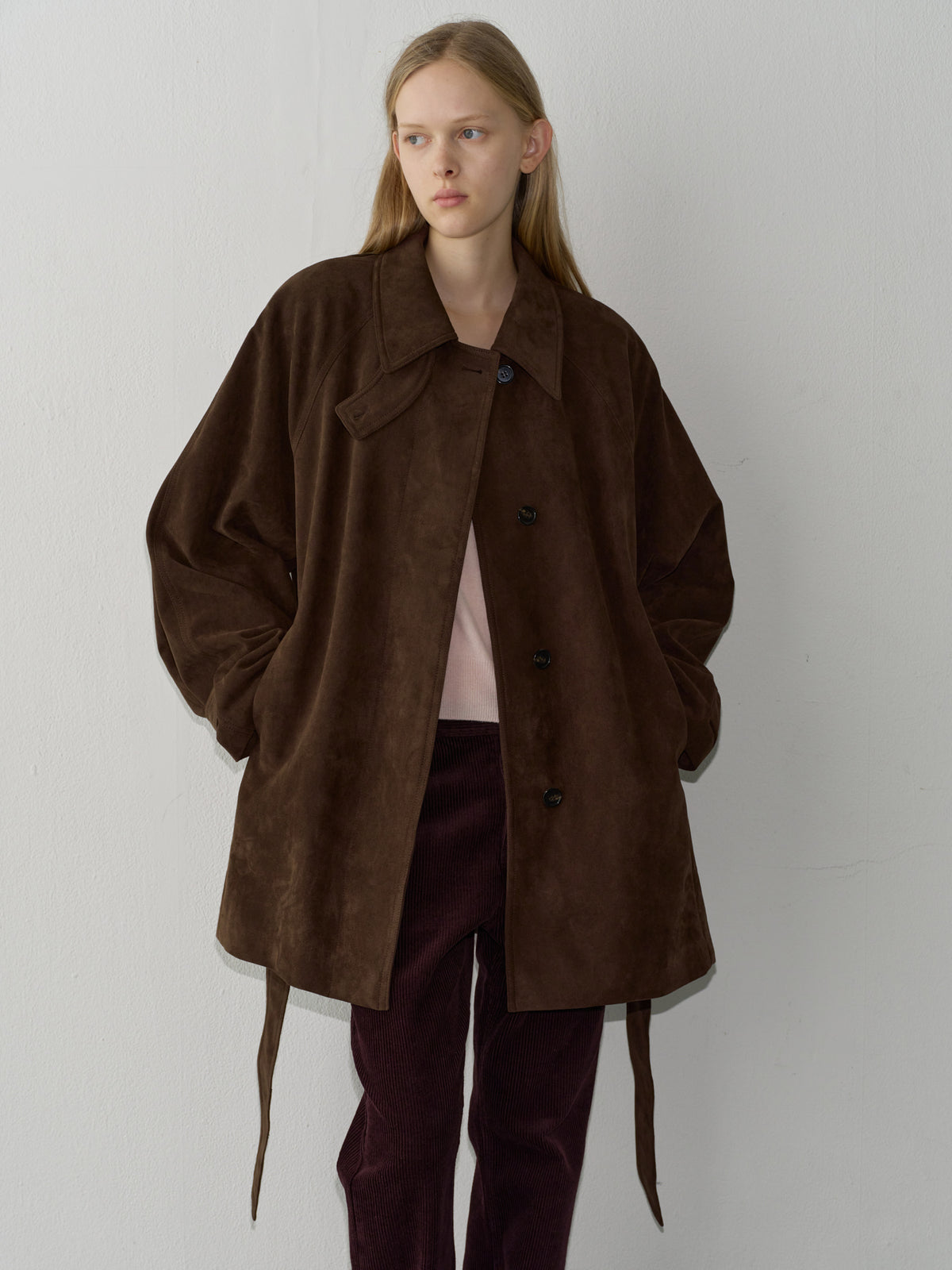 Suede Belted Half Coat_brown