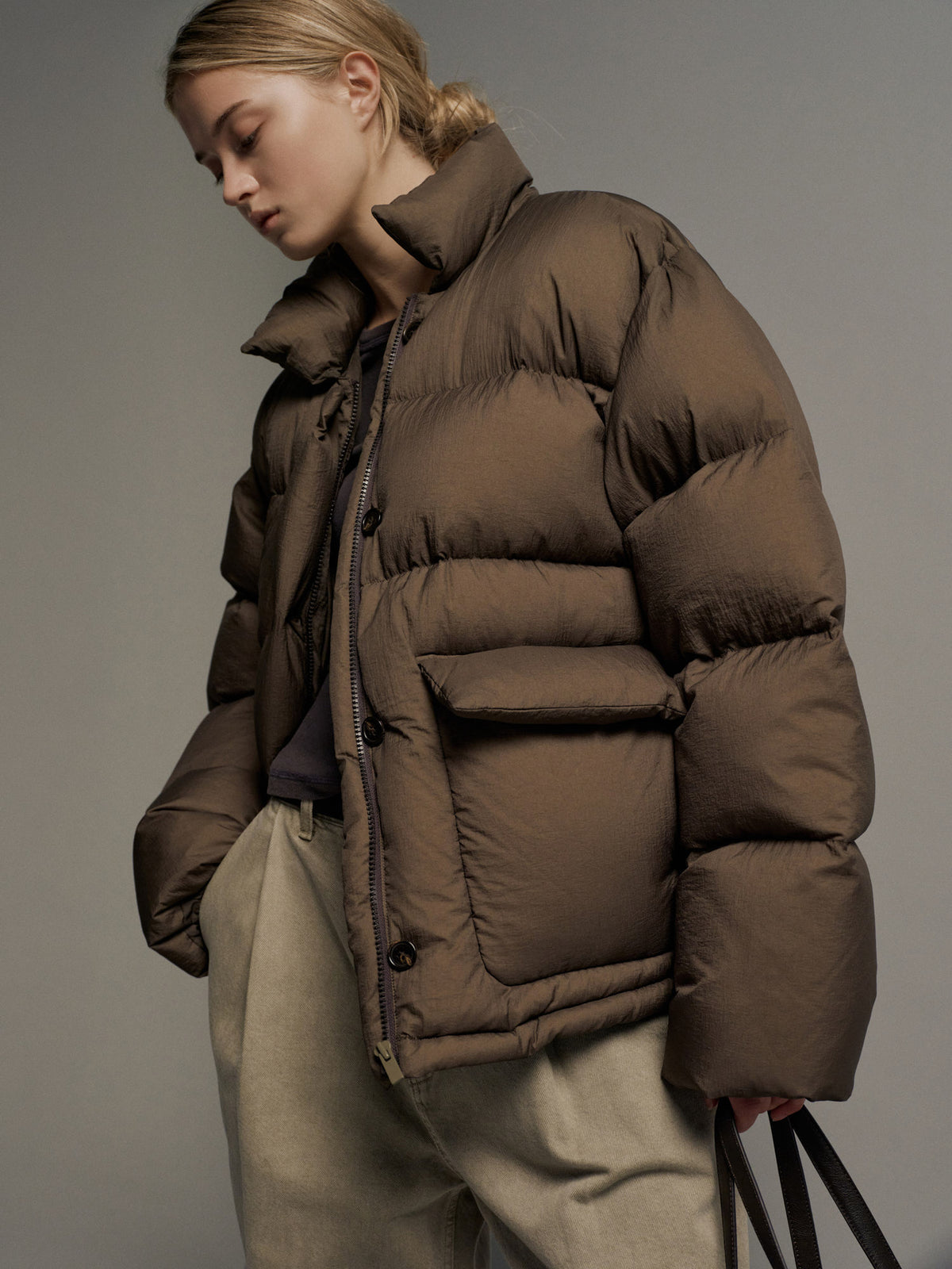Goose down button puffer_brown