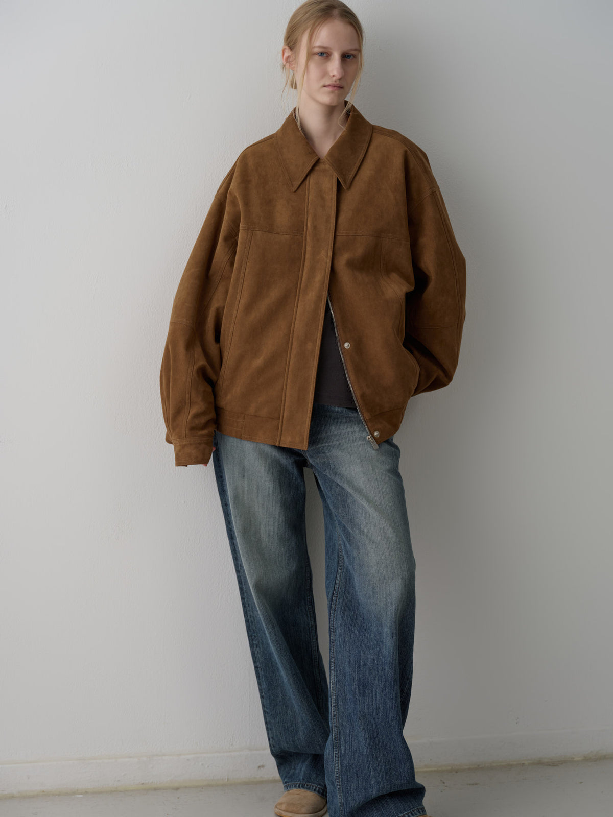 Oversized Fit Stitched Suede Blouson_camel