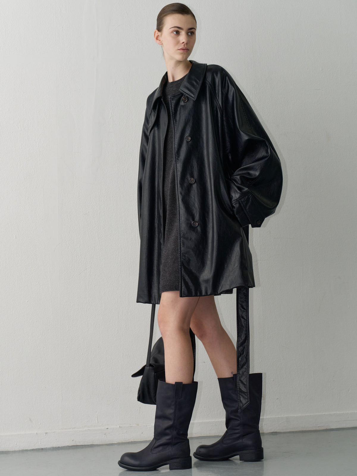 Leather Belted Half Coat_Black