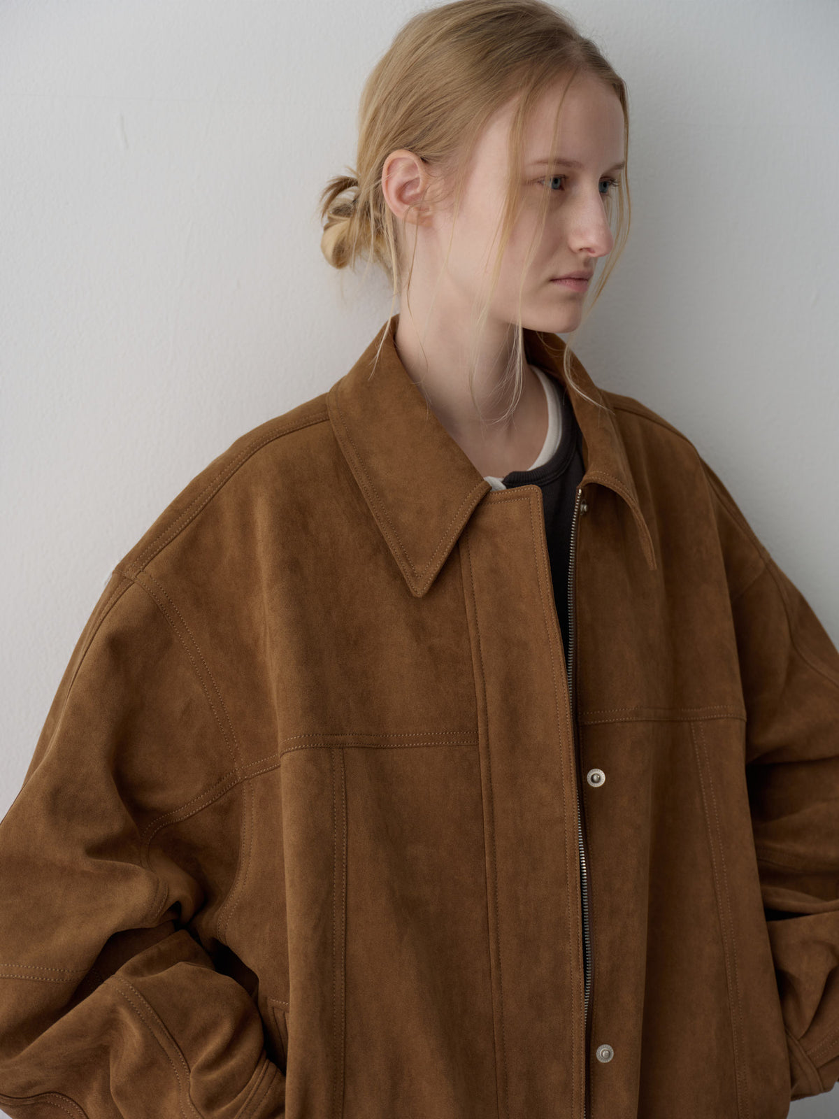 Oversized Fit Stitched Suede Blouson_camel