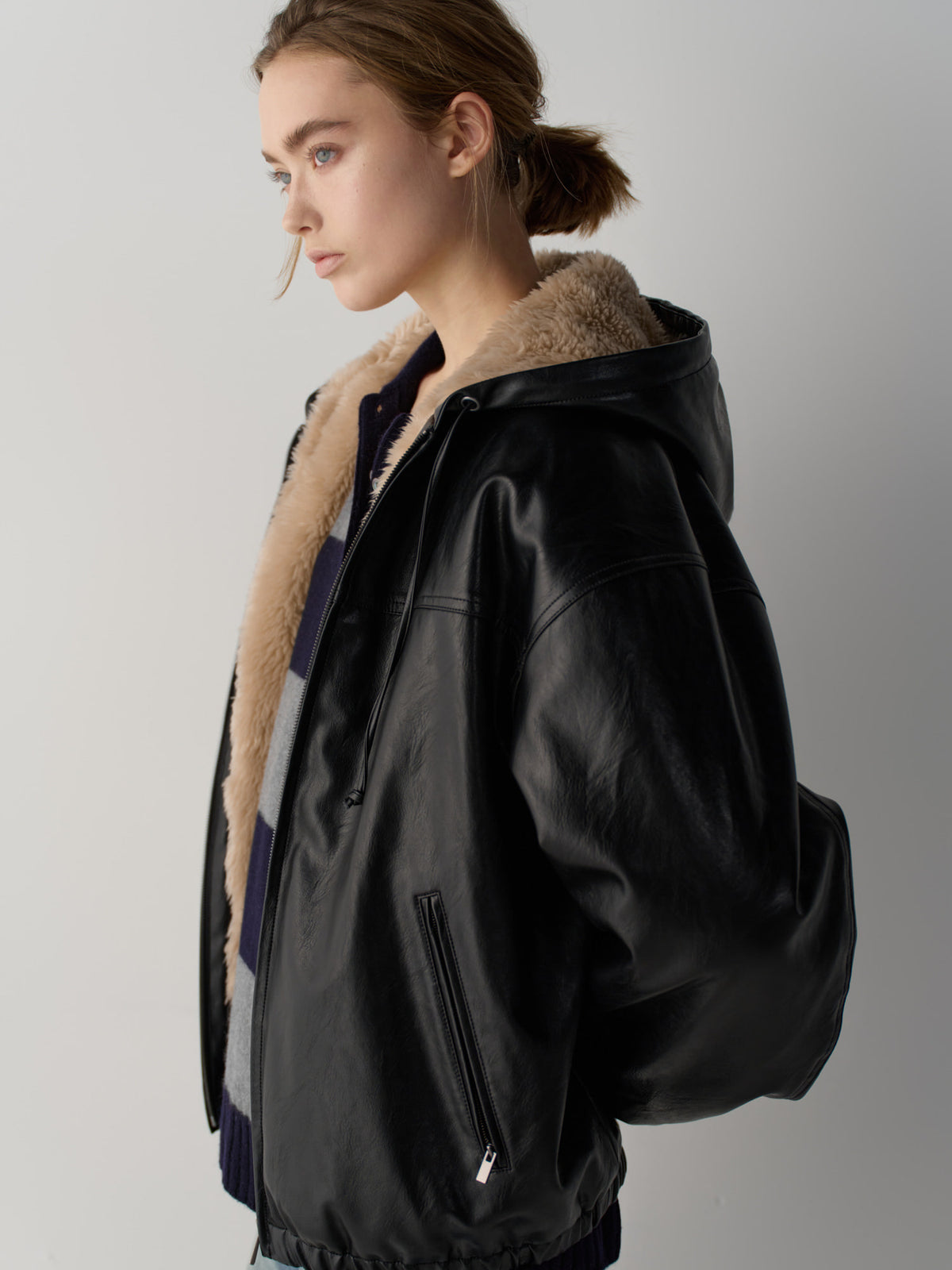 Leather Fur Zip Hoodie_black