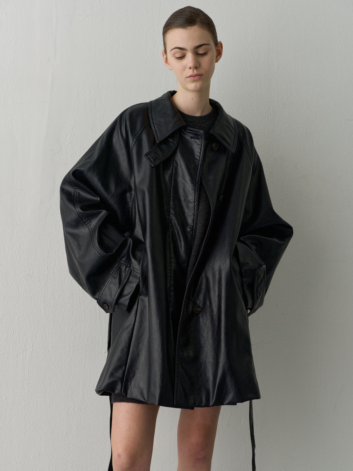 Leather Belted Half Coat_Black