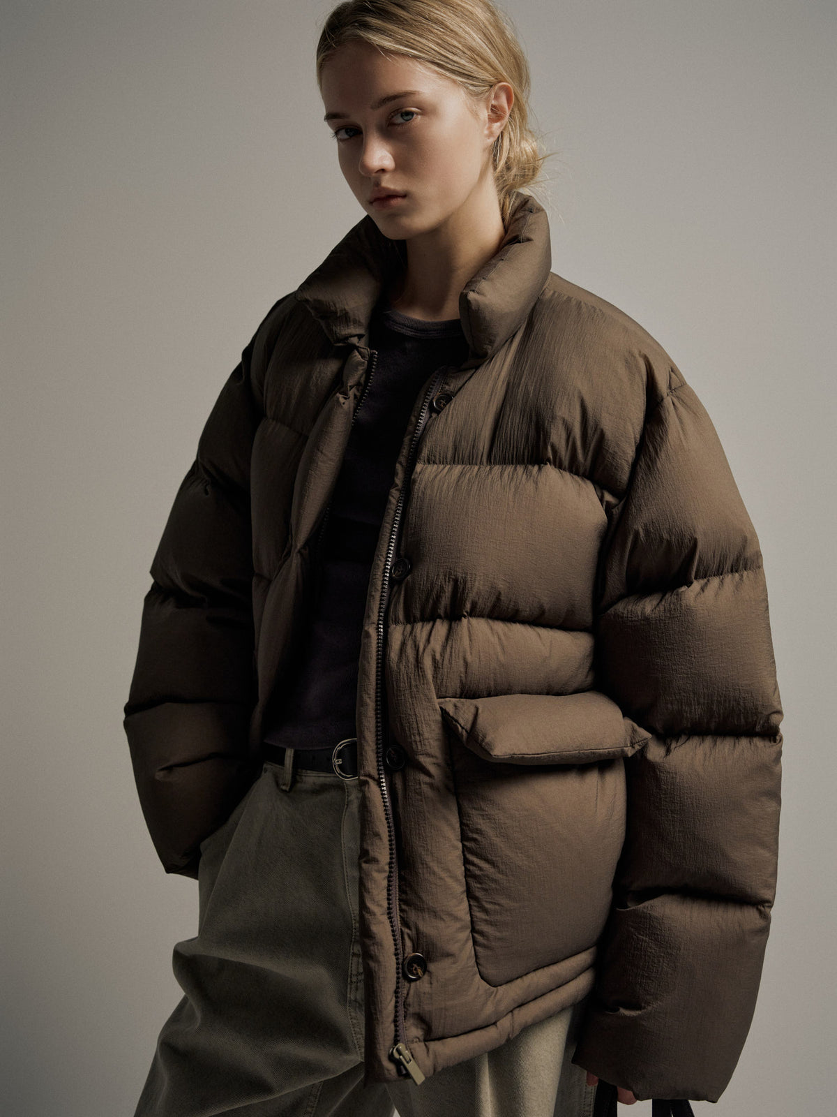 Goose down button puffer_brown