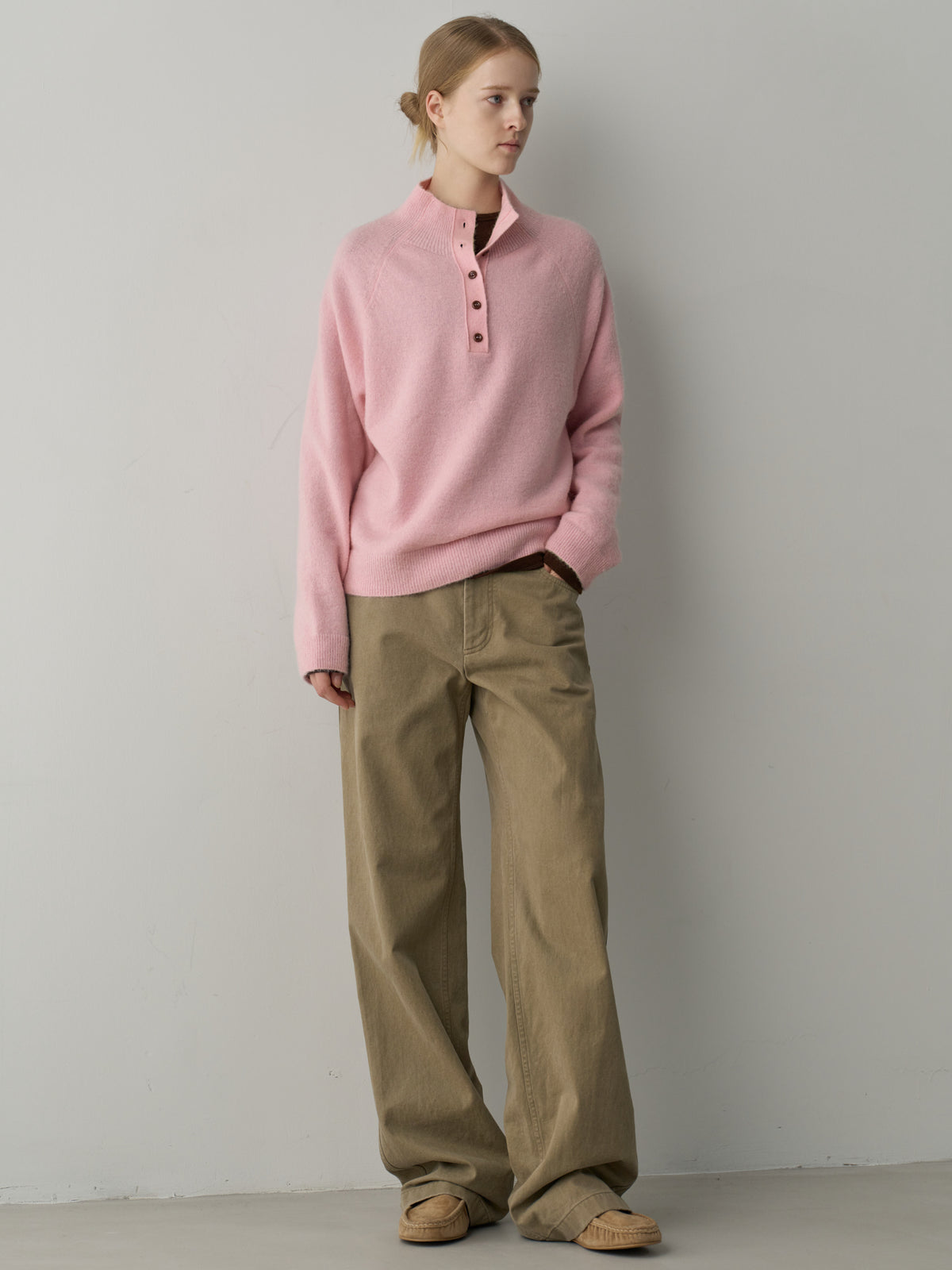 High-neck button knit_pink