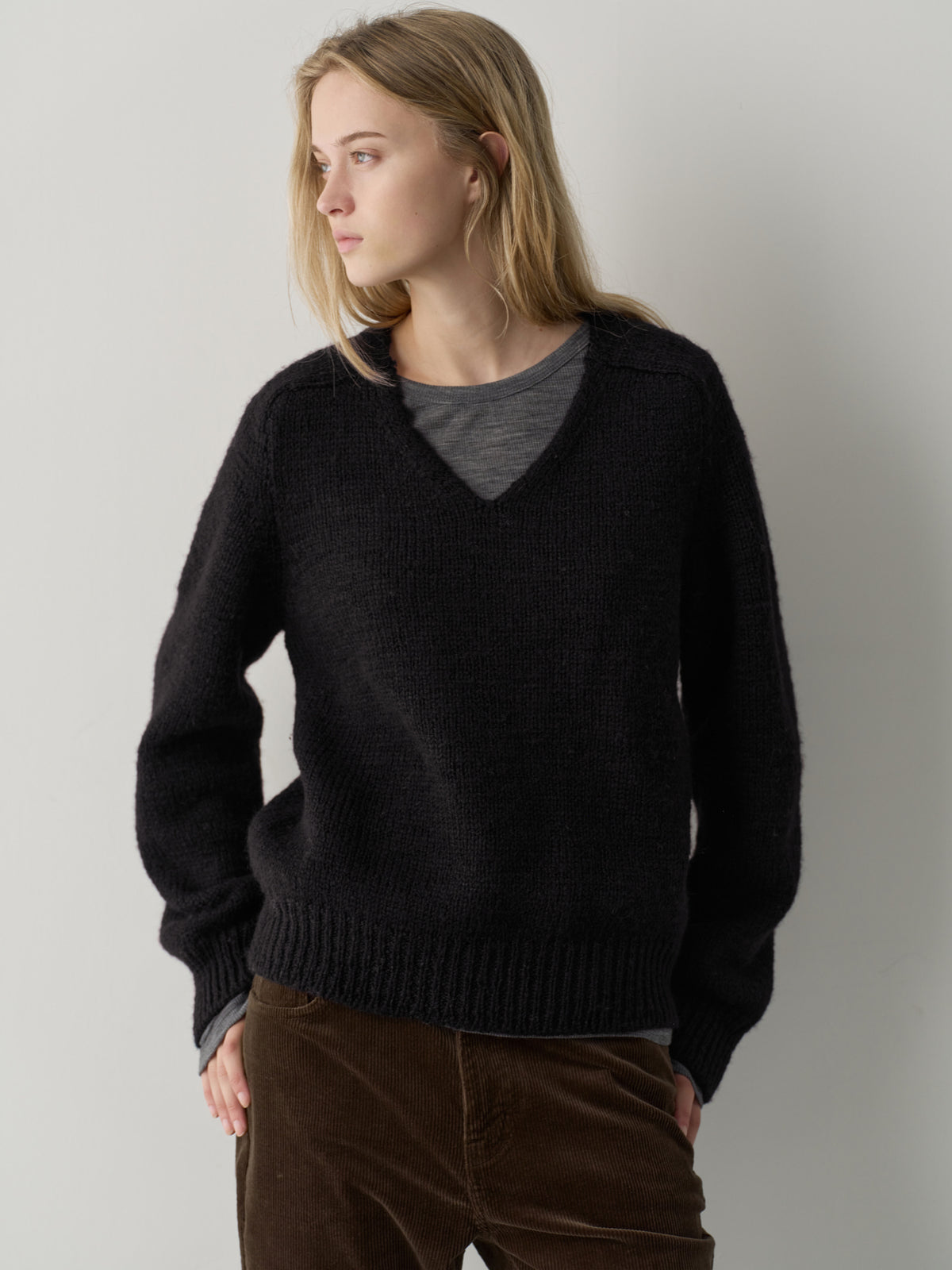 Textured V-neck Knit_black