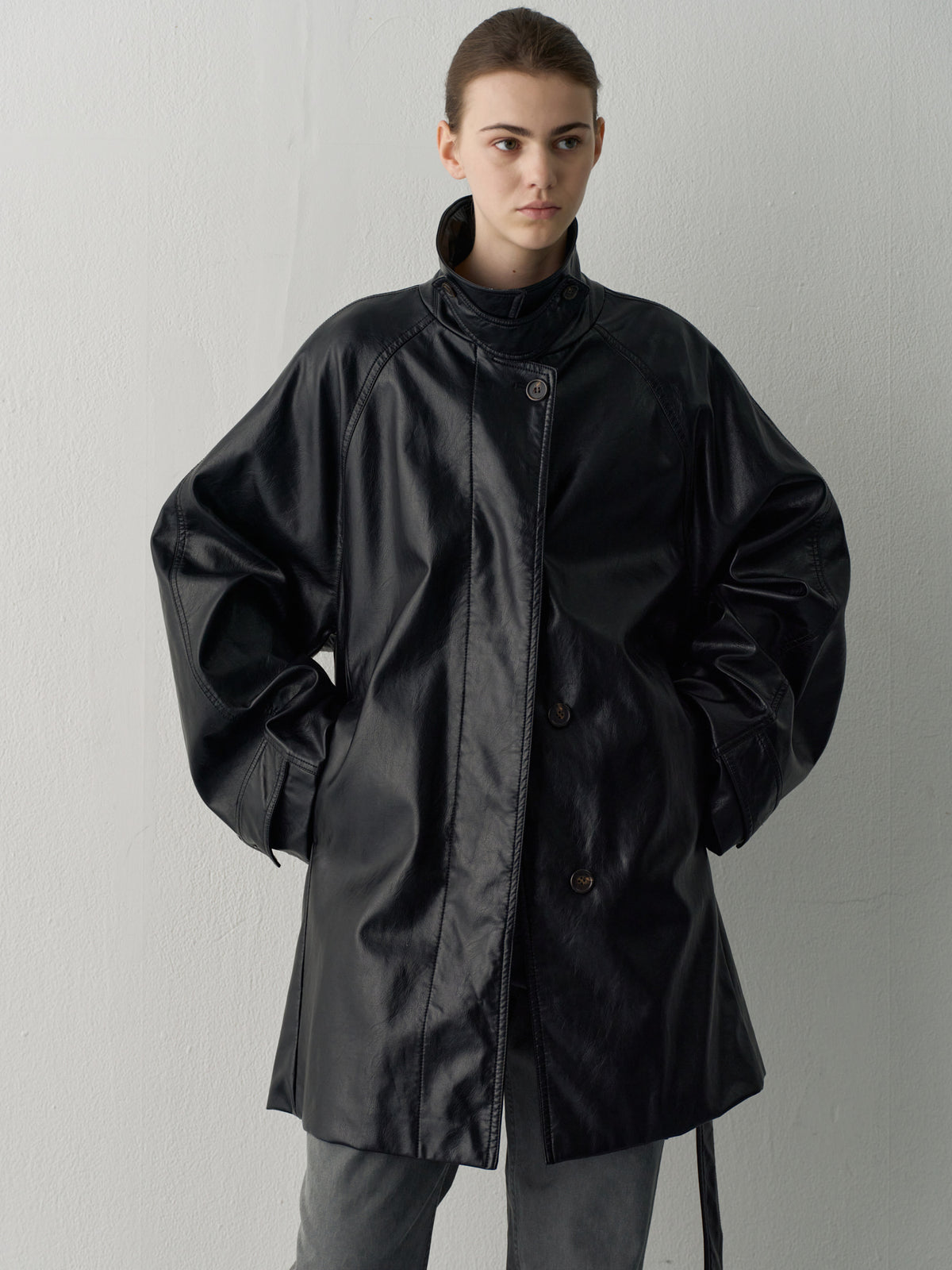 Leather Belted Half Coat_Black