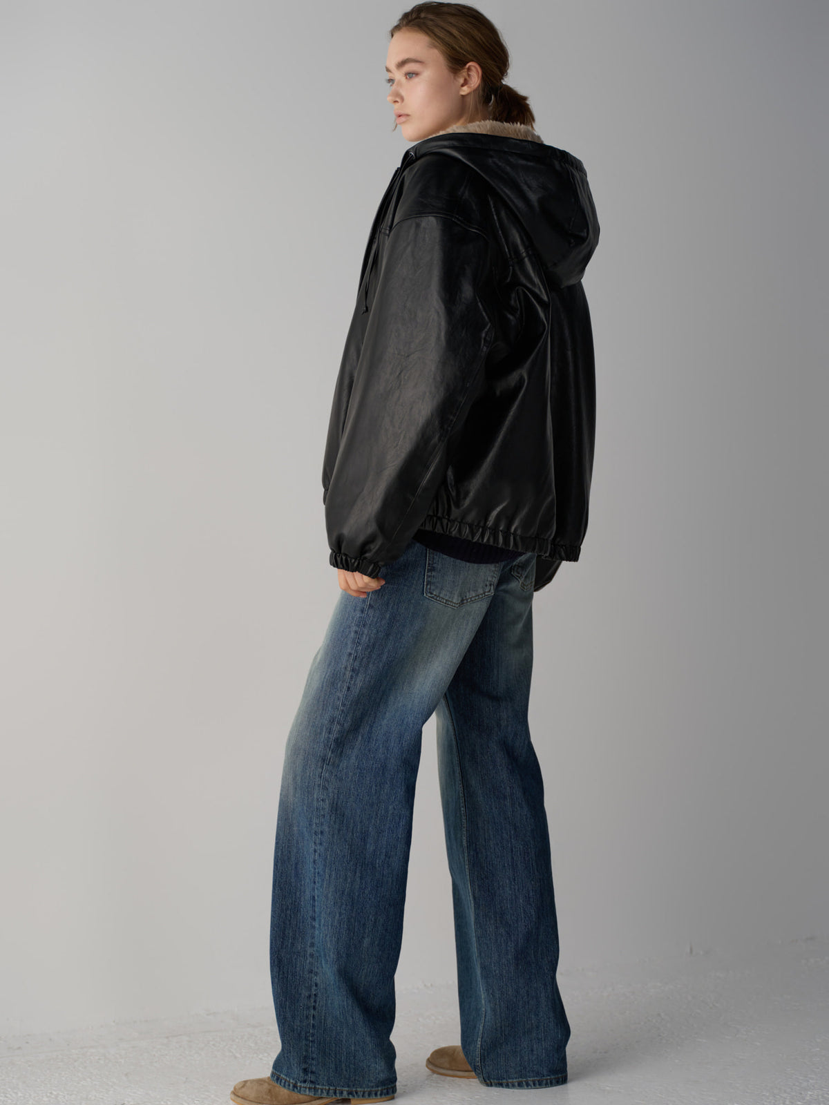 Leather Fur Zip Hoodie_black
