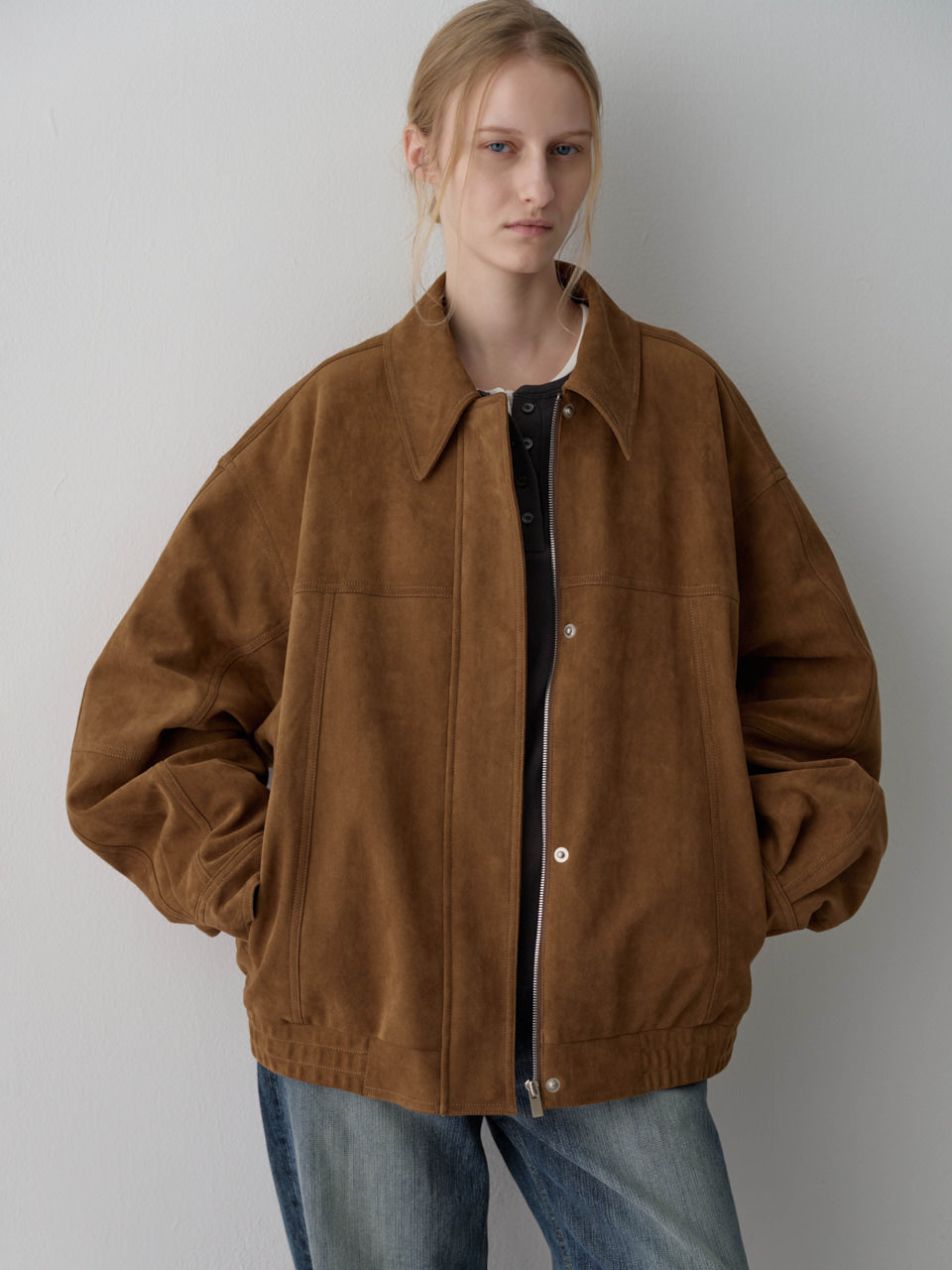 Oversized Fit Stitched Suede Blouson_camel