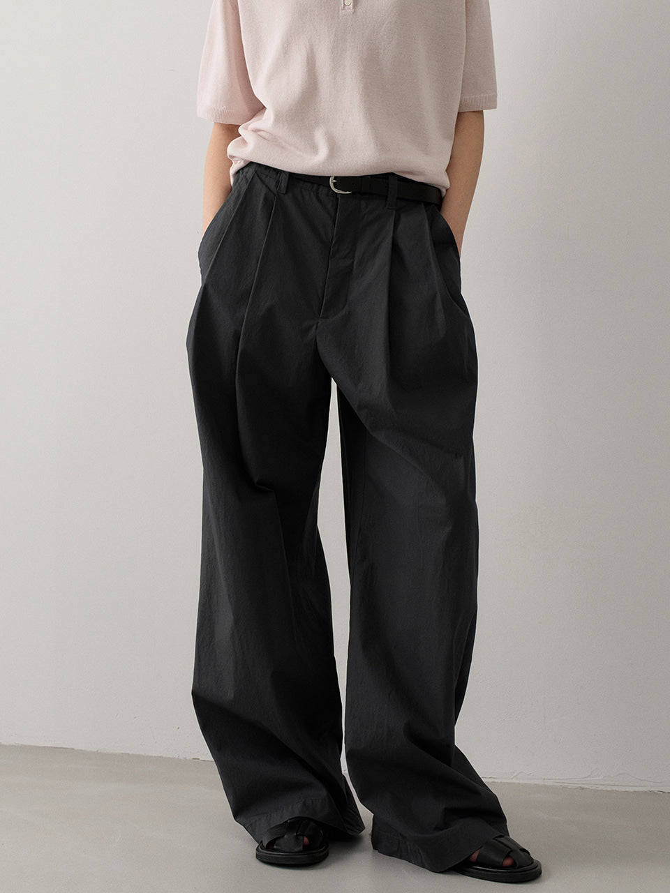Vintage Cotton Two-Tuck Wide Pants_charcoal