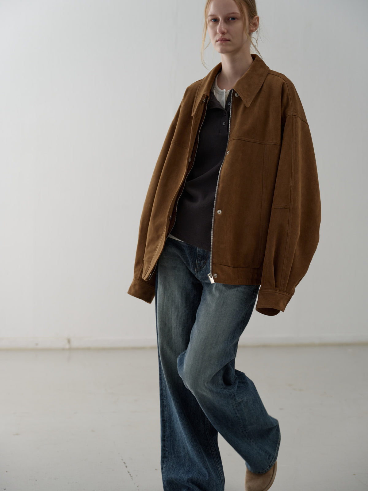 Oversized Fit Stitched Suede Blouson_camel