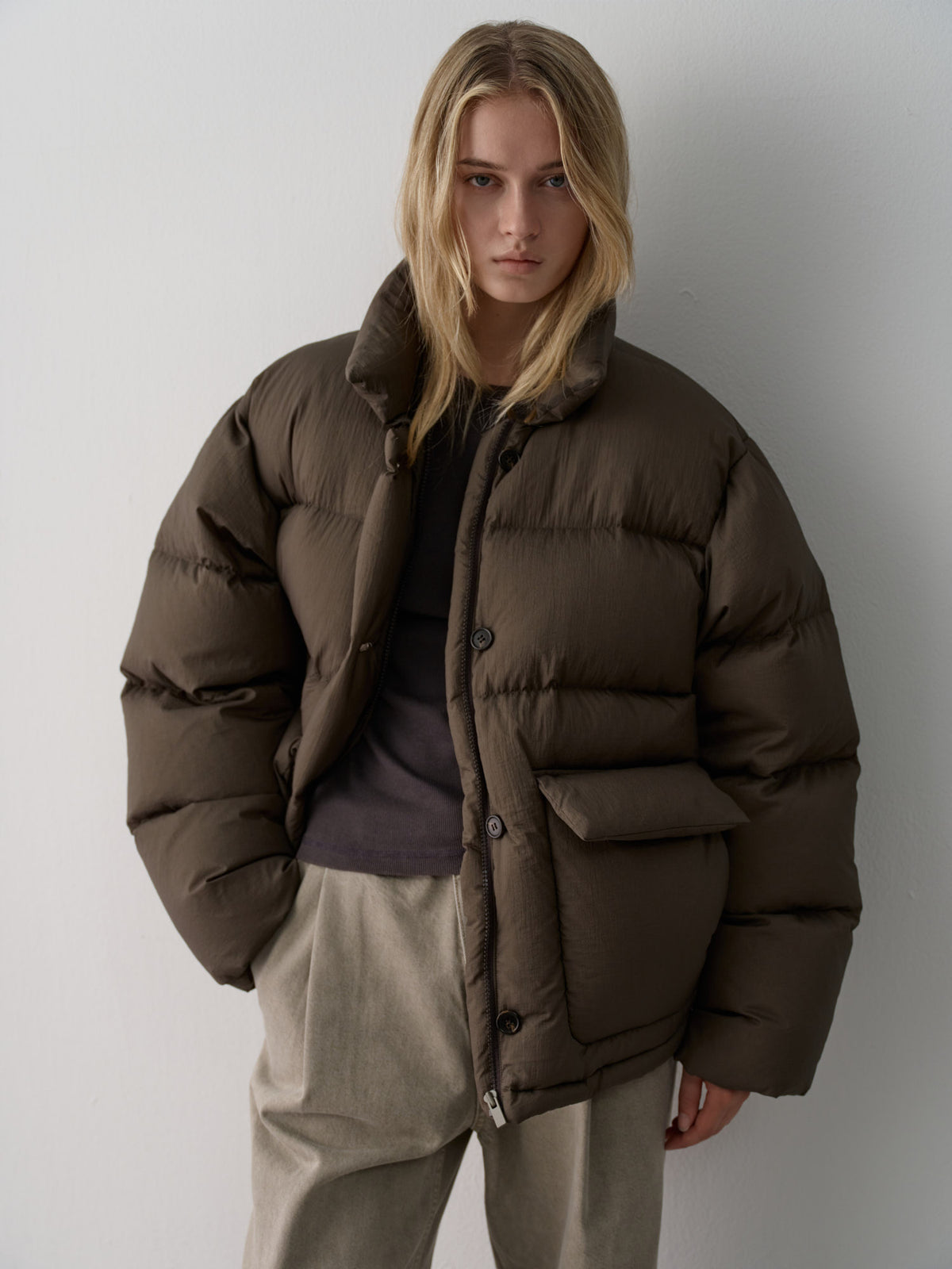 Goose down button puffer_brown