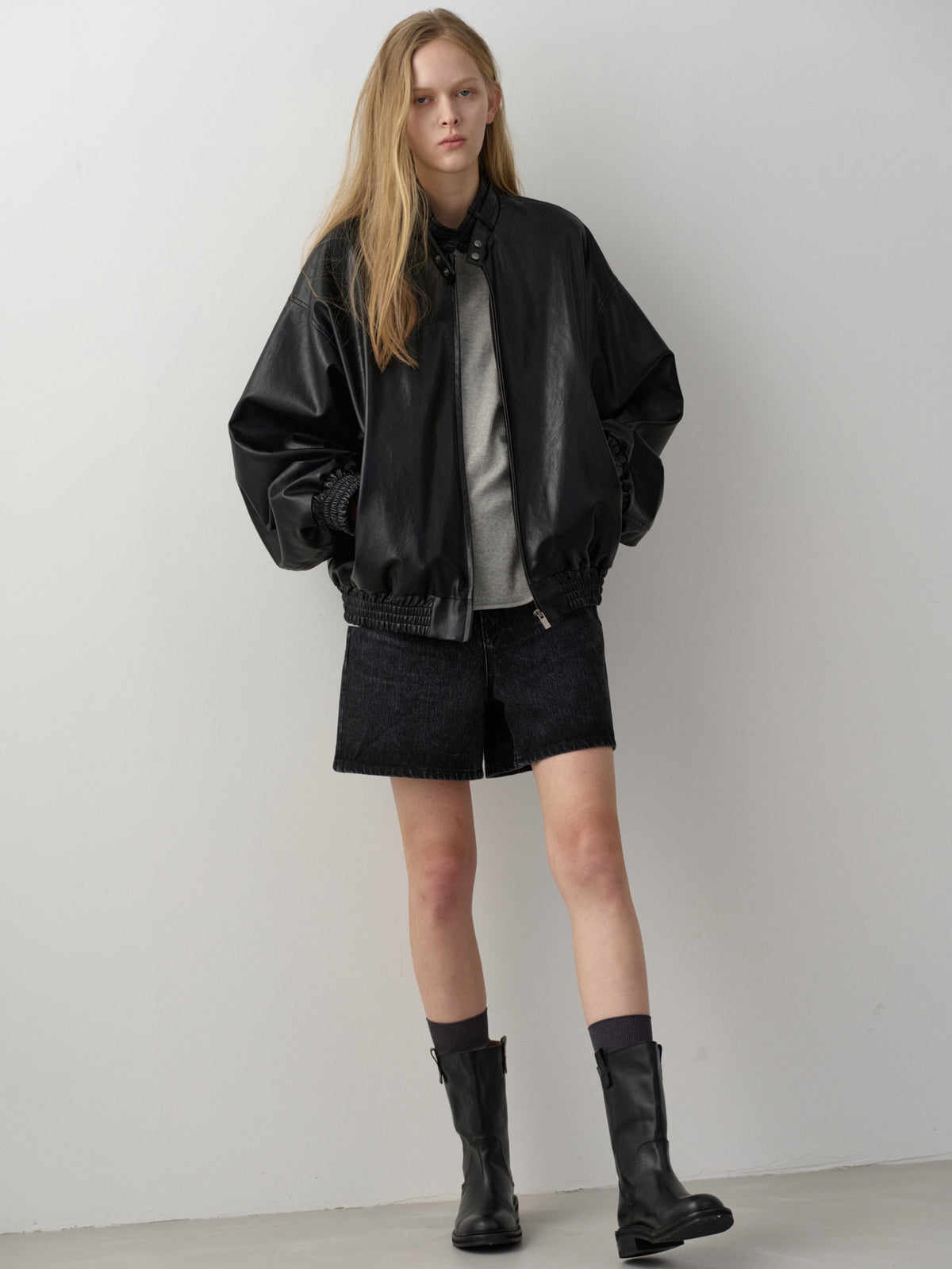 Stand Collar Leather Blouson_black