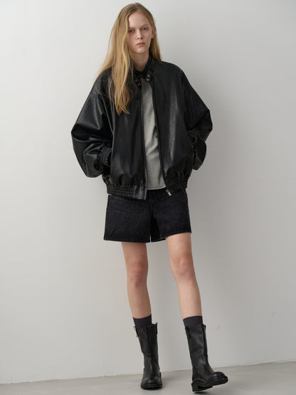 Stand Collar Leather Blouson_black