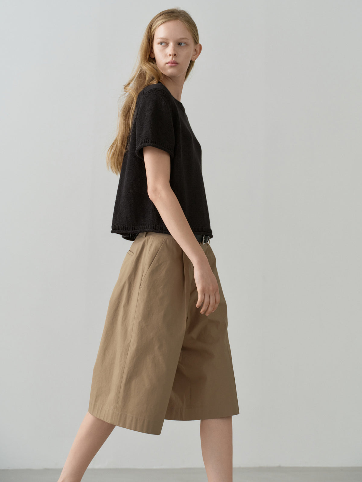 Vintage Cotton Wide Bermuda Pants_almond beige