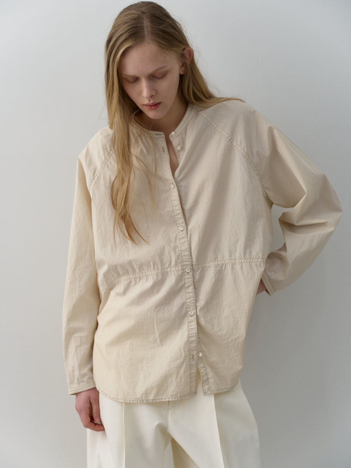 Cotton Band-Collar Blouse_beige