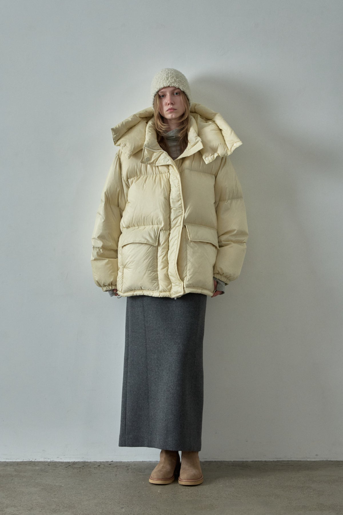 Goose Down Half Padded Coat_butter