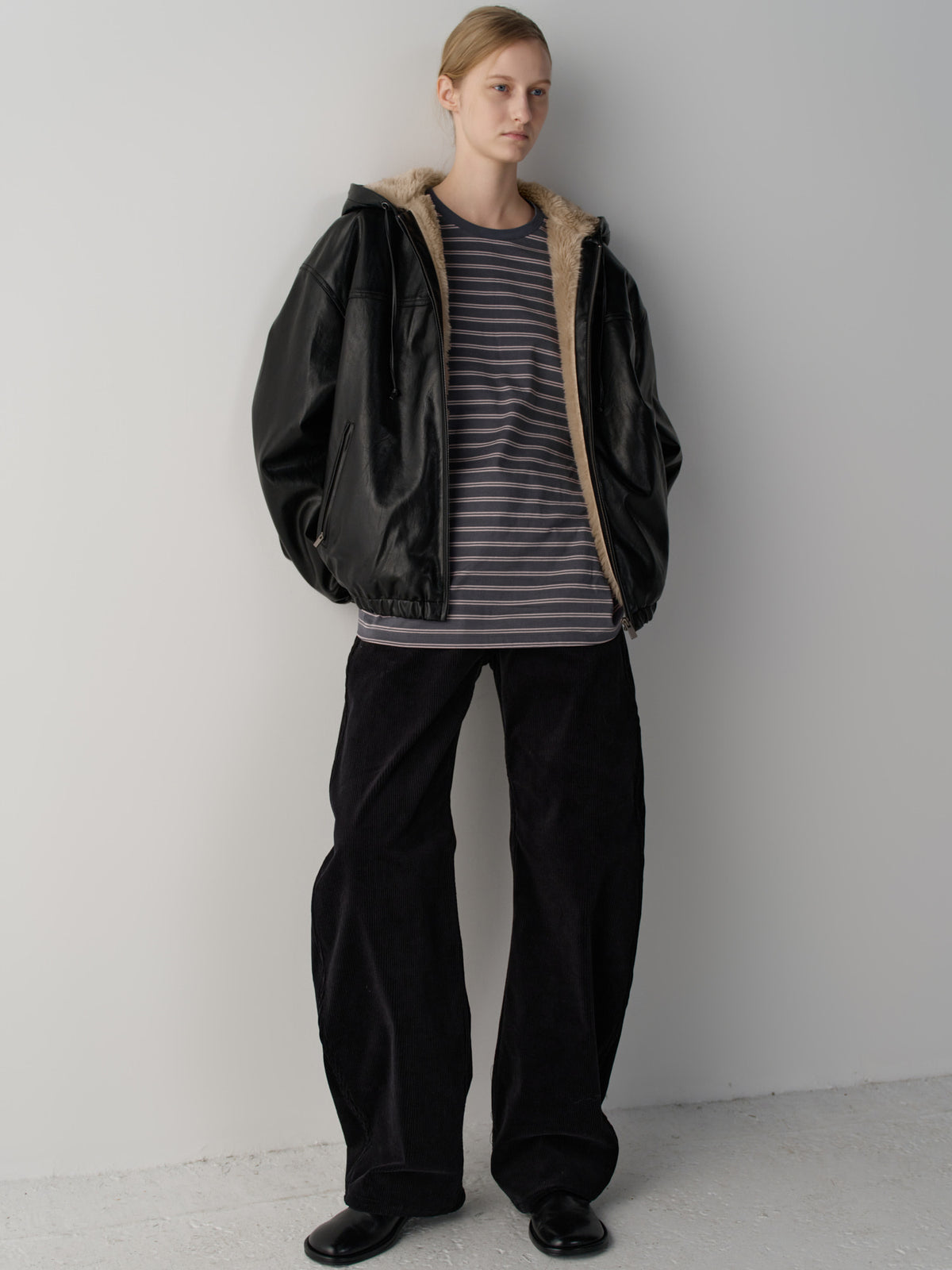 Leather Fur Zip Hoodie_black