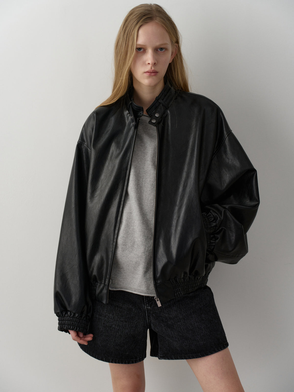 Stand Collar Leather Blouson_black