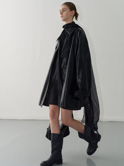 Leather Belted Half Coat_Black
