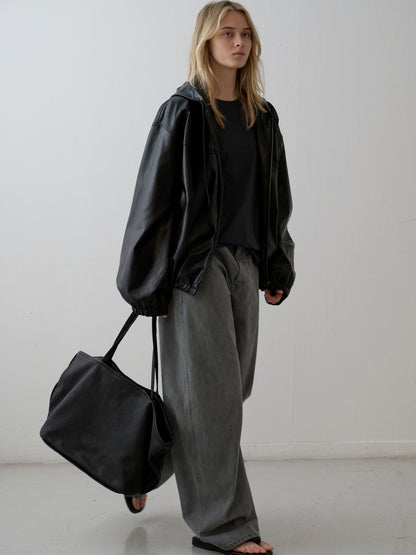 Leather Zip-Up Hoodie_black