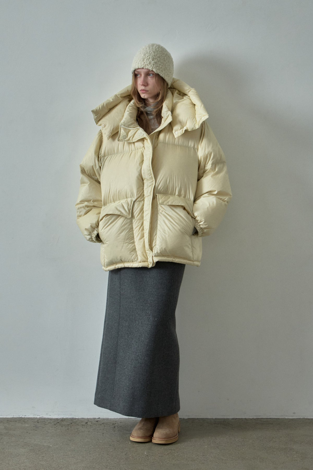 Goose Down Half Padded Coat_butter