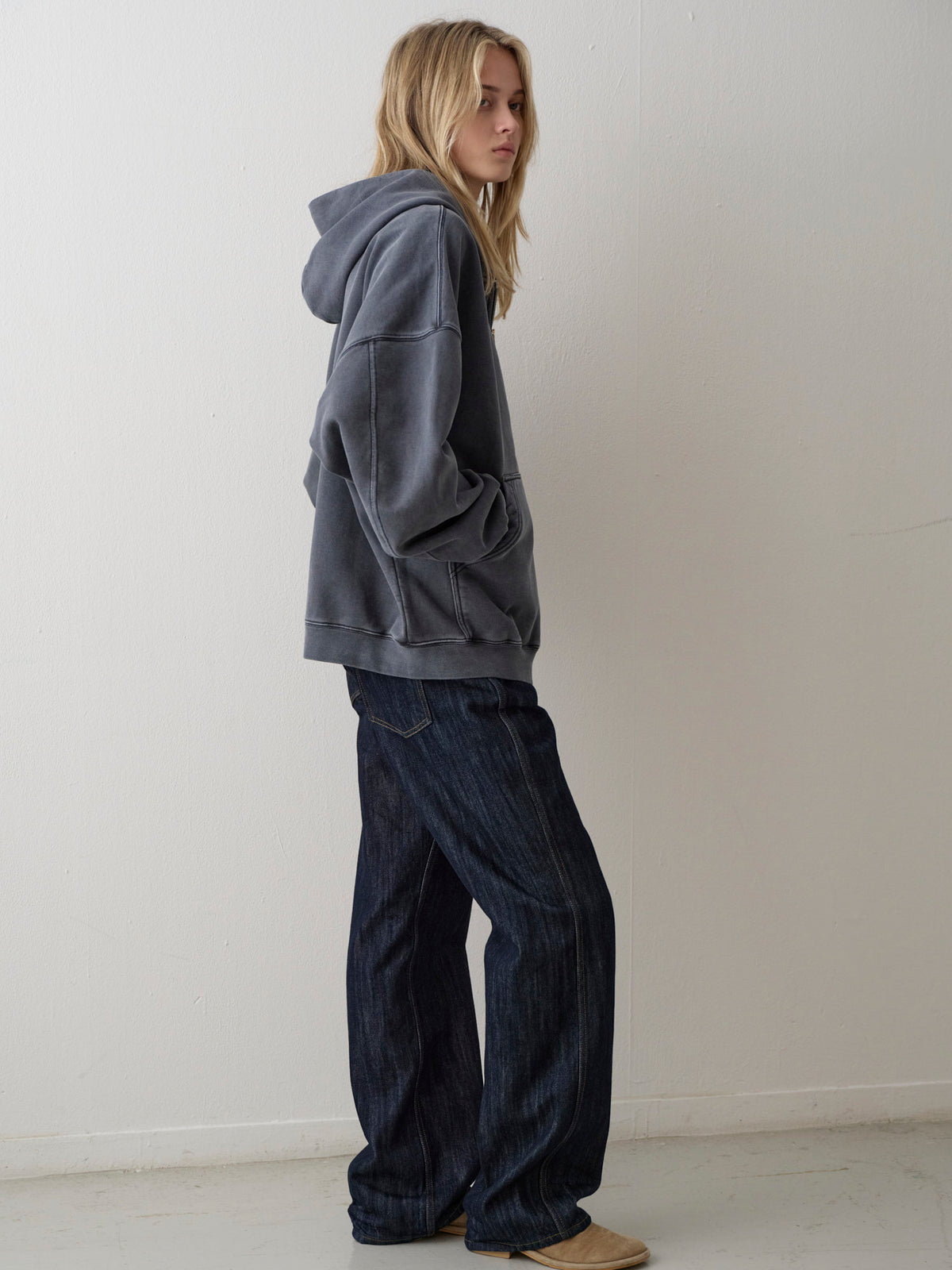 Oversized Fit Pigment Zip-Up Hoodie_blue grey