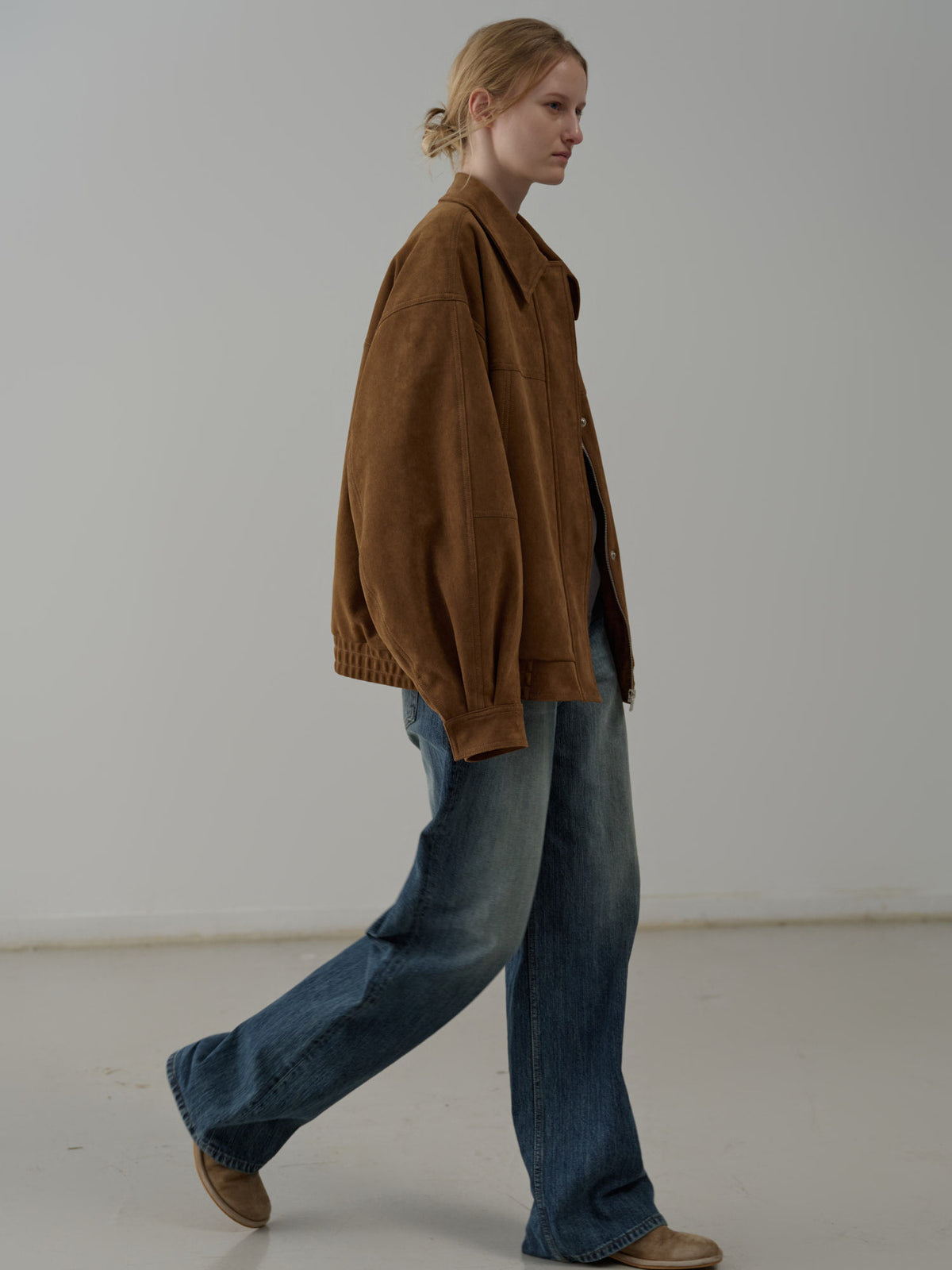 Oversized Fit Stitched Suede Blouson_camel
