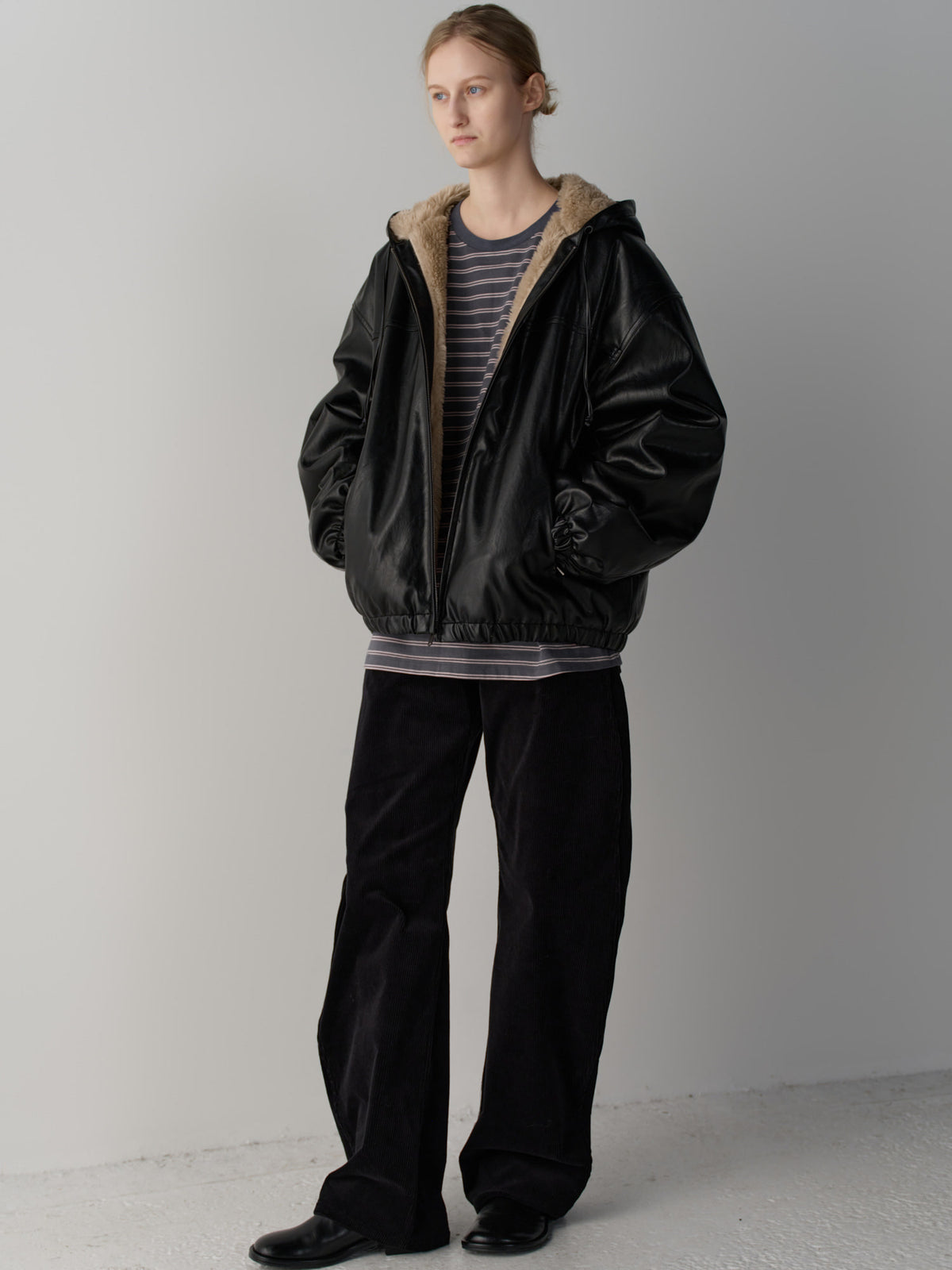 Leather Fur Zip Hoodie_black