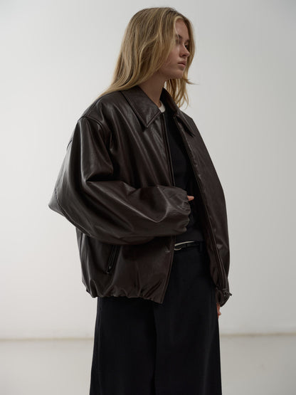 Leather Bomber Jacket_brown