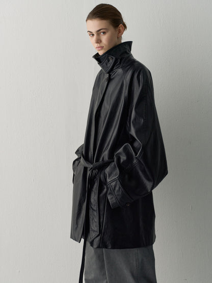 Leather Belted Half Coat_Black