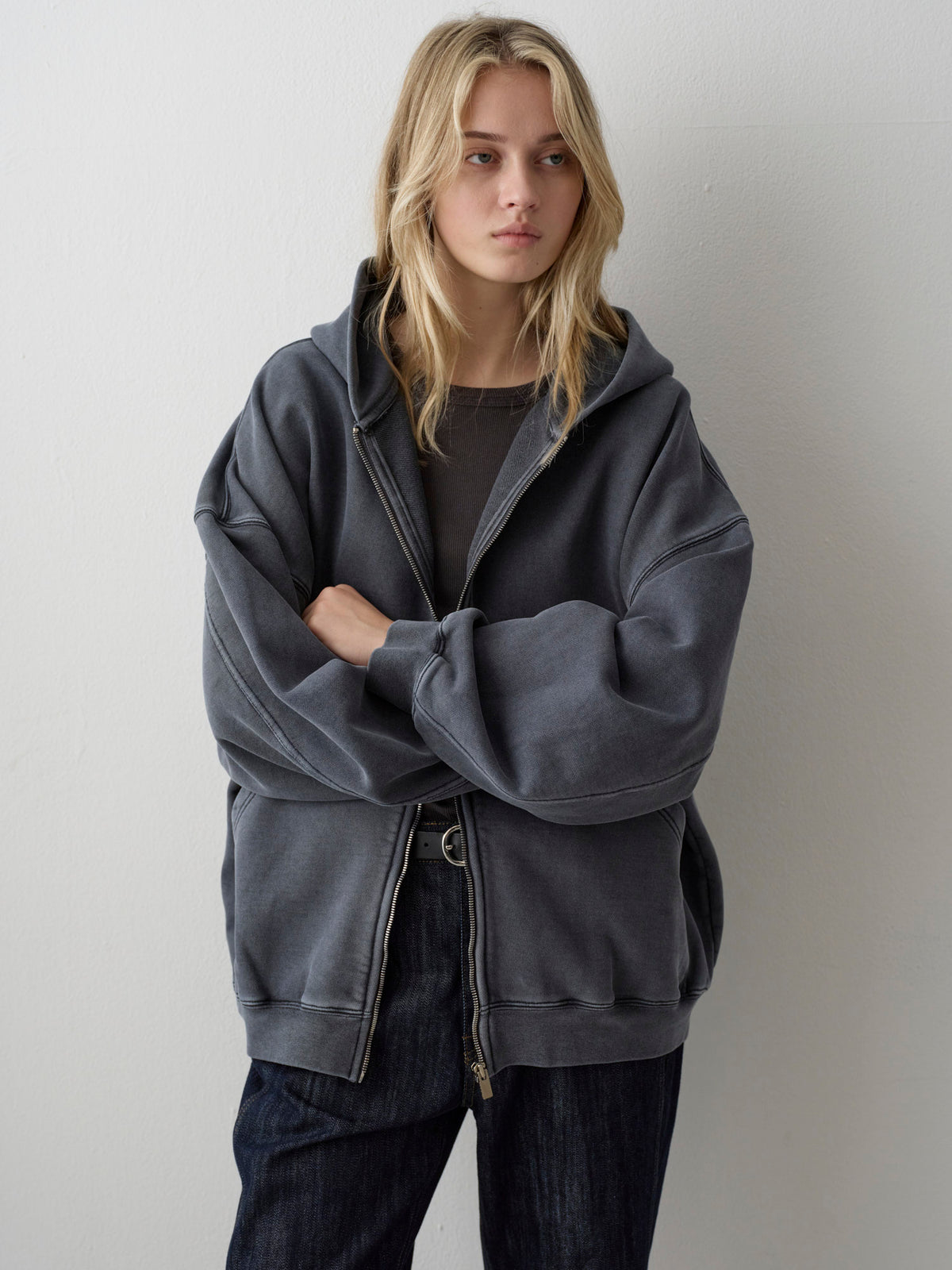 Oversized Fit Pigment Zip-Up Hoodie_blue grey