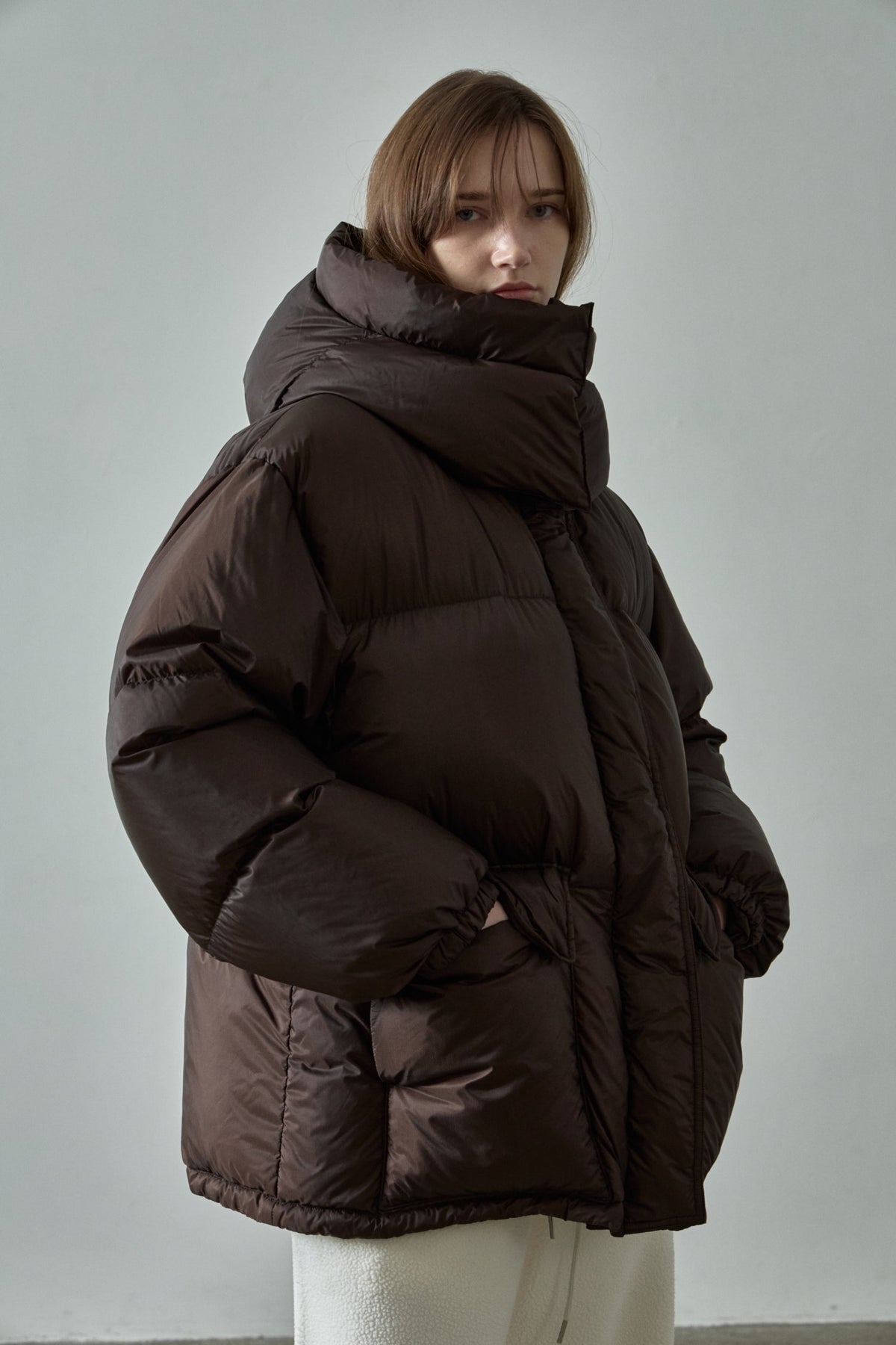 Goose Down Half Padded Coat_brown