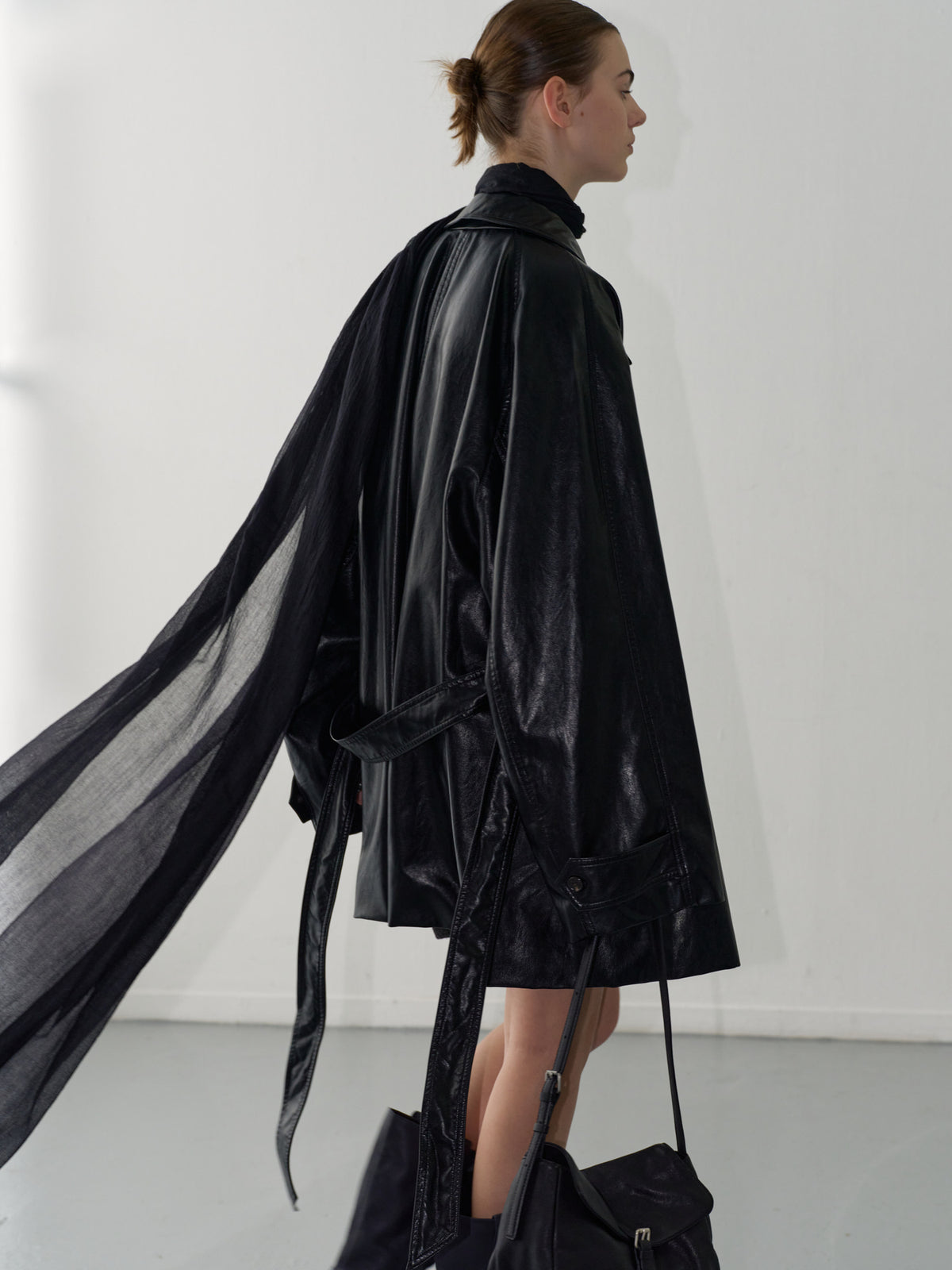 Leather Belted Half Coat_Black