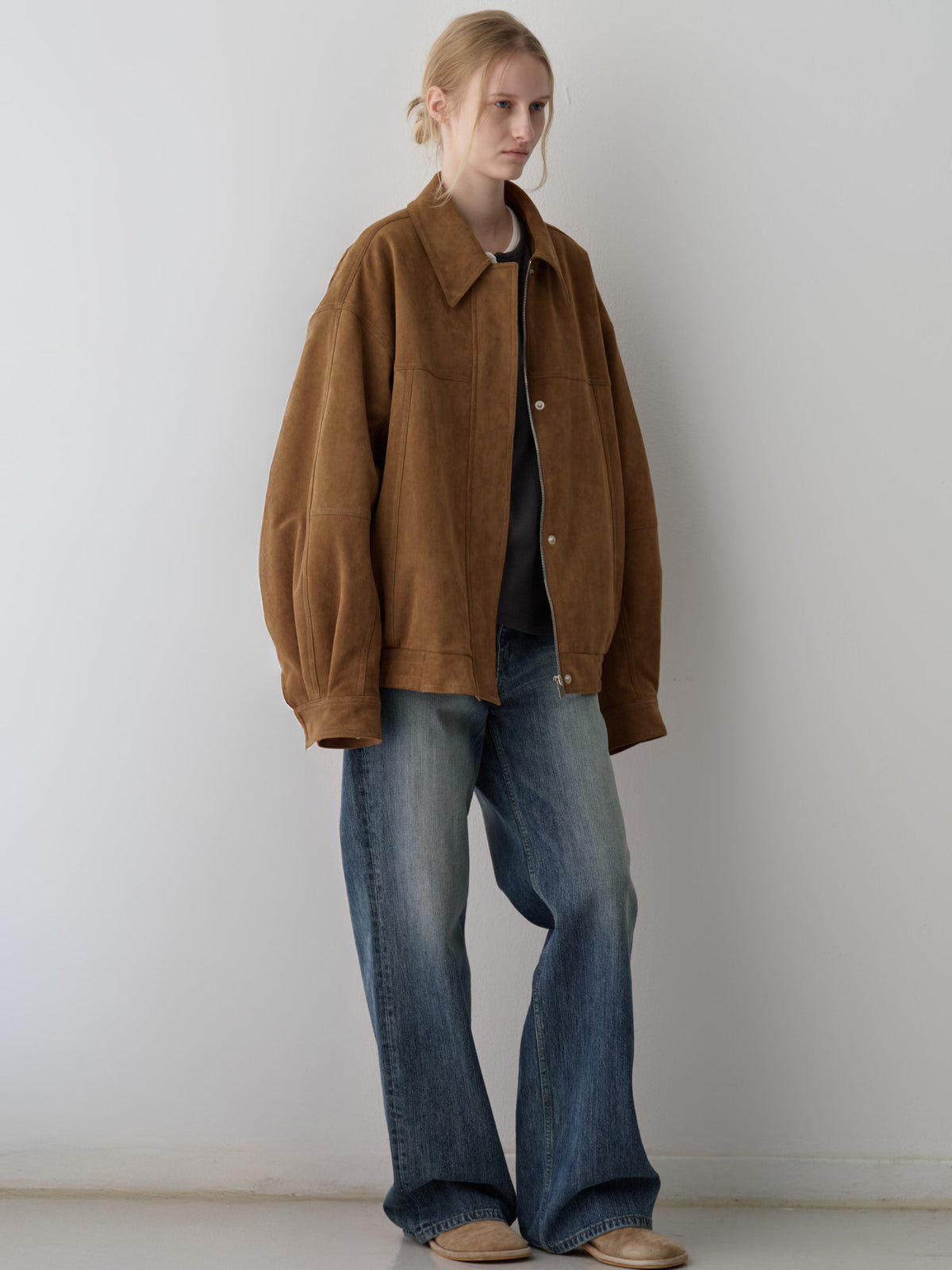 Oversized Fit Stitched Suede Blouson_camel