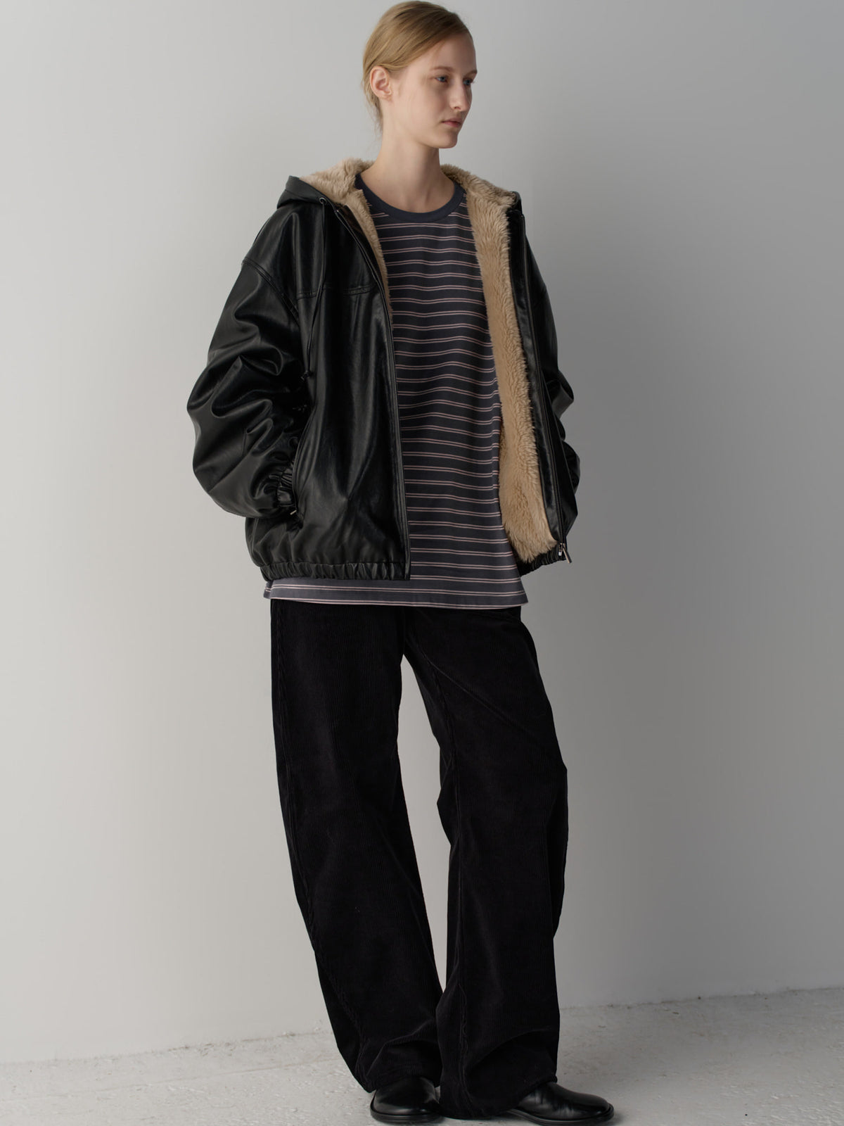 Leather Fur Zip Hoodie_black